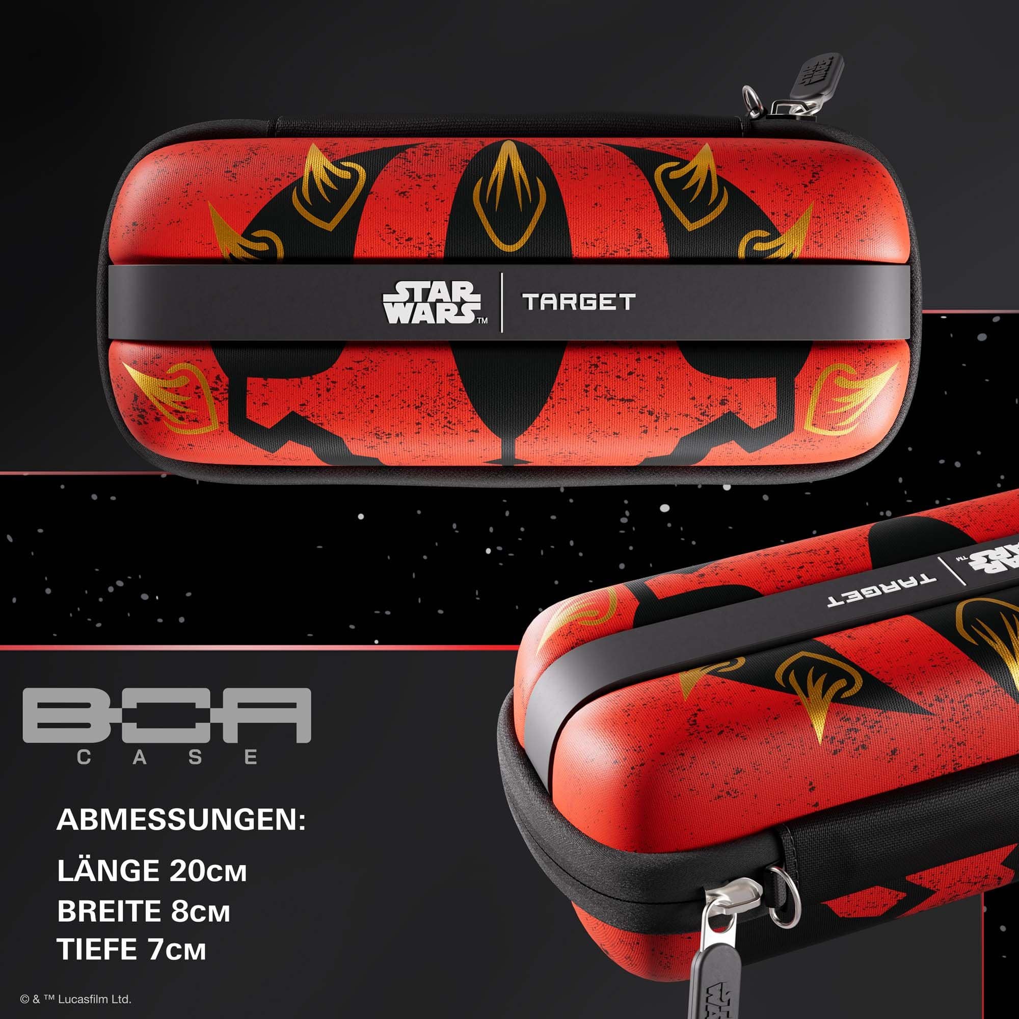 Target Star Wars Boa Dartcase - Darth Maul Das Bild zeigt das Target Star Wars Boa Dartcase mit Darth Maul Motiv. Es handelt sich um eine Darttasche im Star Wars Design.