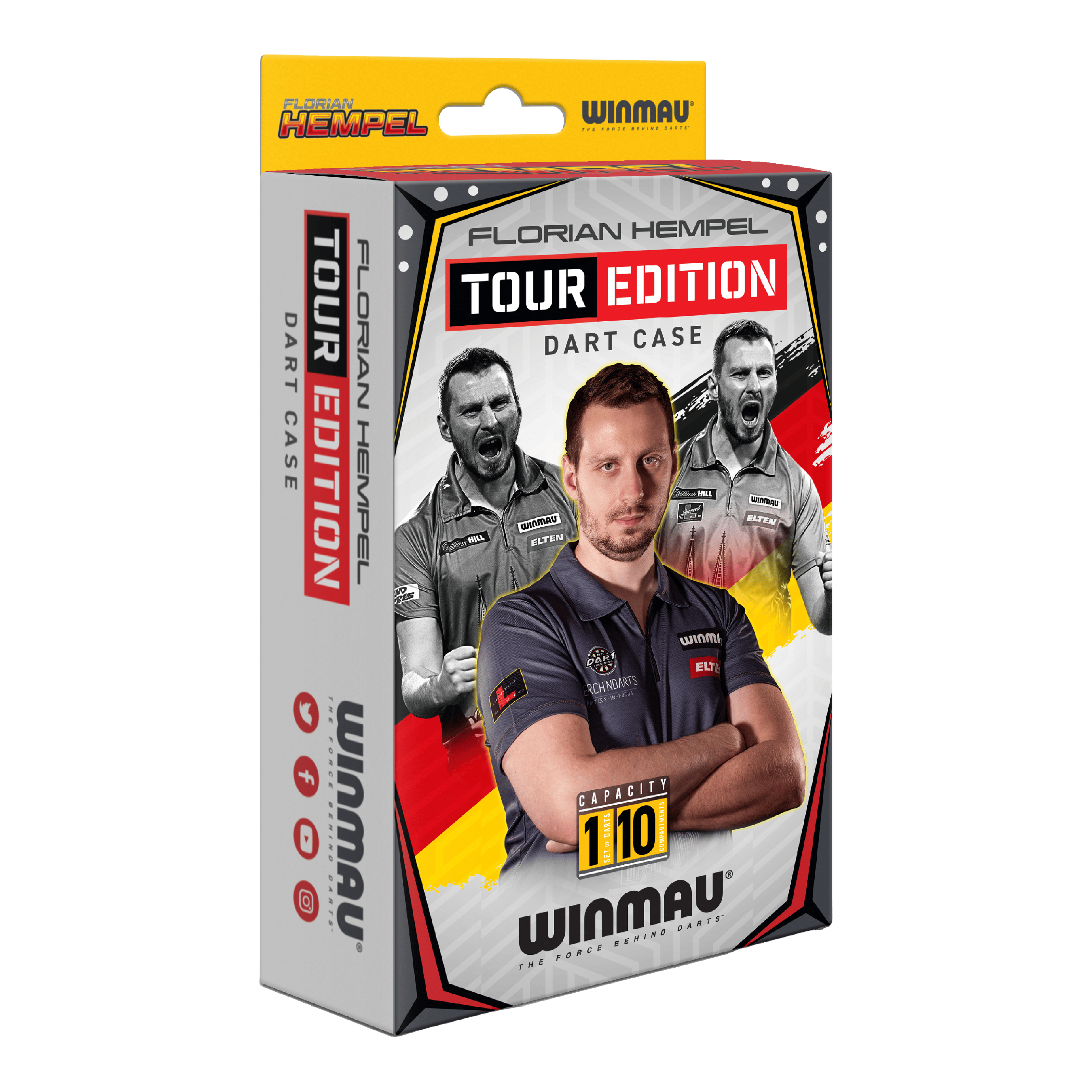 Etui na lotki Winmau Florian Hempel Tour Edition Die Verpackung zeigt das Produkt "Winmau Florian Hempel Tour Edition Dartcase". Auf der Vorderseite sind Bilder von Florian Hempel und der Hinweis auf eine Kapazität von 110 Darts abgebildet.