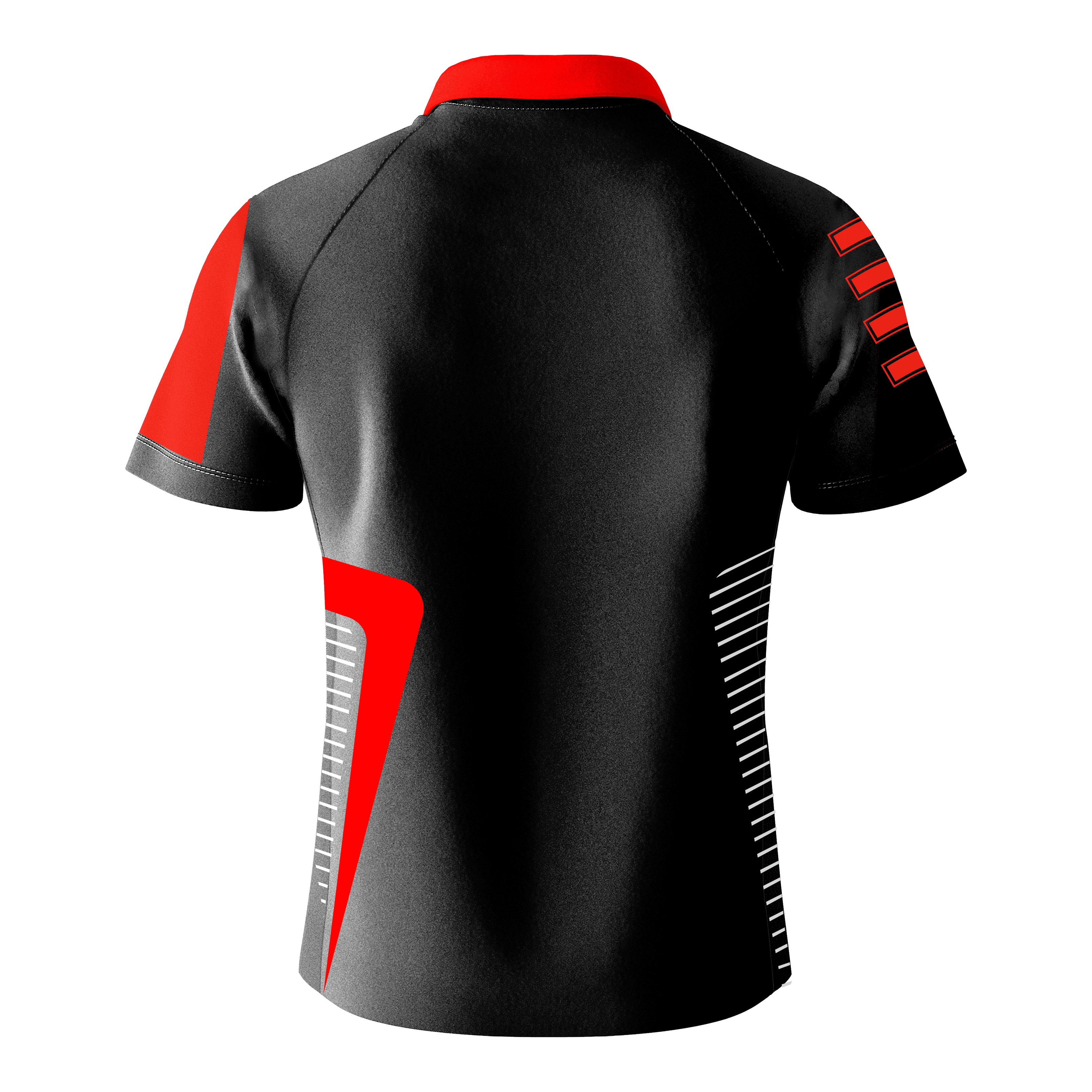 Bulls Team Dartshirt - Rot Das Bild zeigt das Bulls Team Dartshirt in Rot von hinten. Das Shirt ist hauptsächlich schwarz mit roten und weißen Designelementen auf den Ärmeln und an den Seiten.