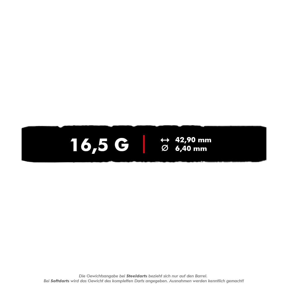 Dardos blandos McDart 85 Tungsten V7 - 16,5 g Das Bild zeigt die technischen Daten des Produkts "McDart 85er Tungsten V7 Softdarts - 16,5g". Der Dart wiegt 16,5 Gramm, ist 42,90 mm lang und hat einen Durchmesser von 6,40 mm.