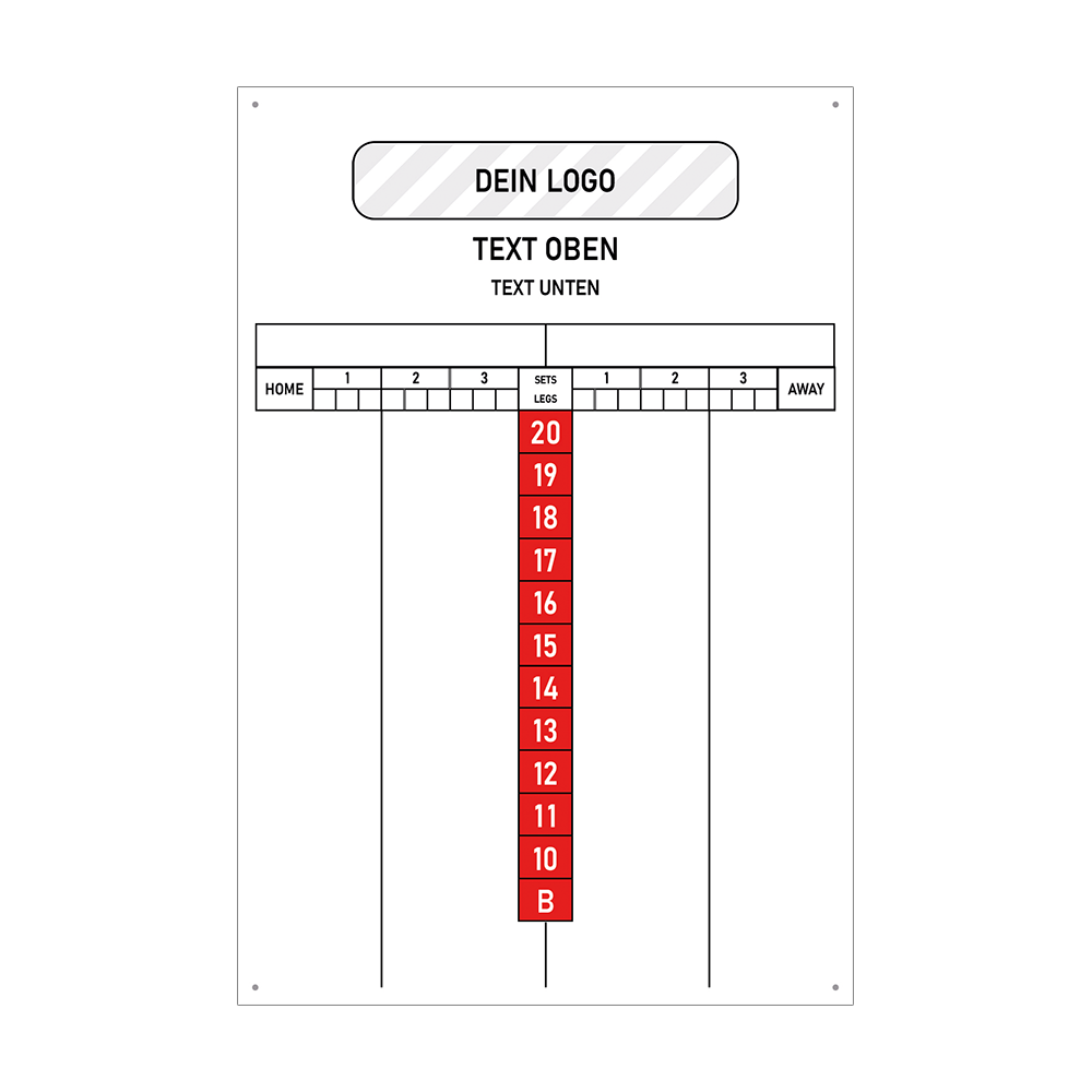 INSCORE1_Scoreboard_mit_Wunschdruck_40x60cm_Rot_3 Das Bild zeigt ein Scoreboard mit der Größe 40 x 60 cm, das individuell bedruckt werden kann. Oben ist Platz für ein Logo und einen Wunschtext, darunter befinden sich Anzeigefelder für Heim- und Auswärtsteams sowie ein Zählbereich für Punkte.