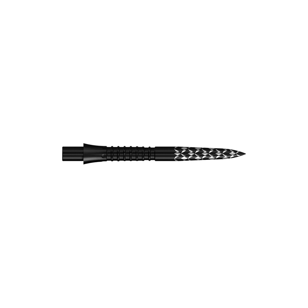 Puntas de dardos Mission Caliburn EVO con logotipo GV - Negro Schwarze Steeldartspitzen mit GV-Logo und einer Länge von 26 mm sind zu sehen. Das Bild zeigt das Produkt aus der Mission Caliburn EVO Serie.