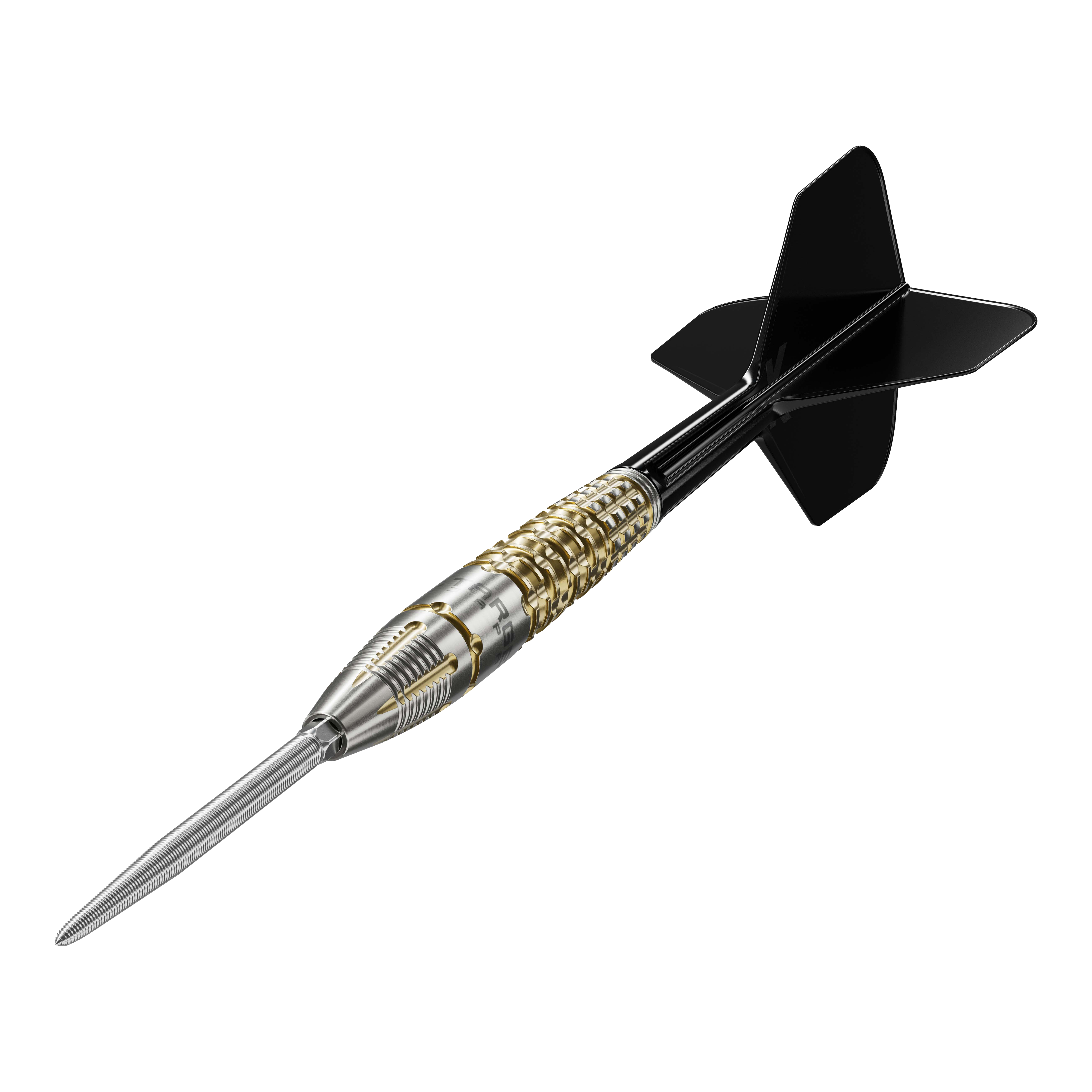 Dardos de acero Target Black Marque Warrior Swiss Point Das Bild zeigt einen Target Black Marque Warrior Swiss Point Steeldart. Der Dart hat eine silberne Spitze, einen gold-silbernen Griff und schwarze Flights.