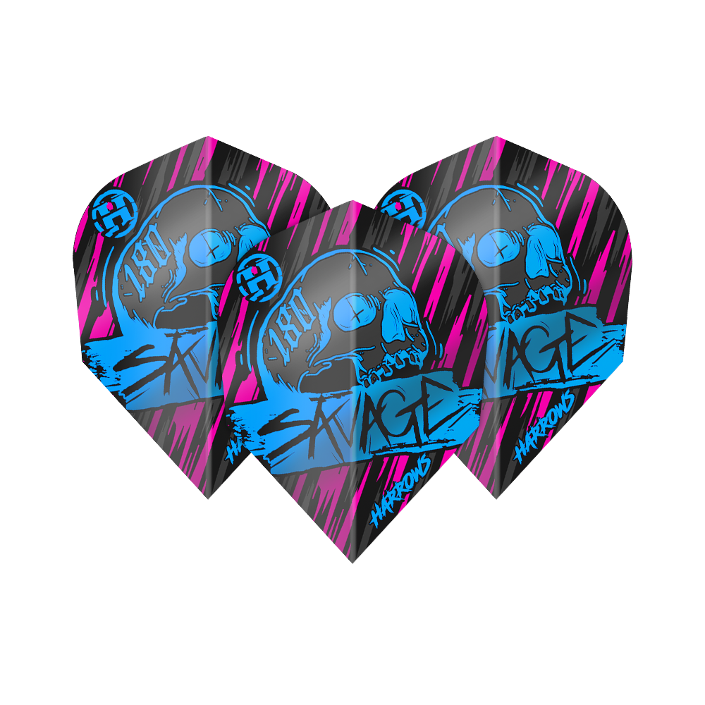 Voli Savage Aqua Pink No6 di Harrow Das Bild zeigt die Harrows Savage Aqua Pink No6 Flights, die für Dartpfeile verwendet werden. Sie sind schwarz mit auffälligen blauen und pinken Grafiken, darunter ein Totenkopf und das Wort "SAVAGE".