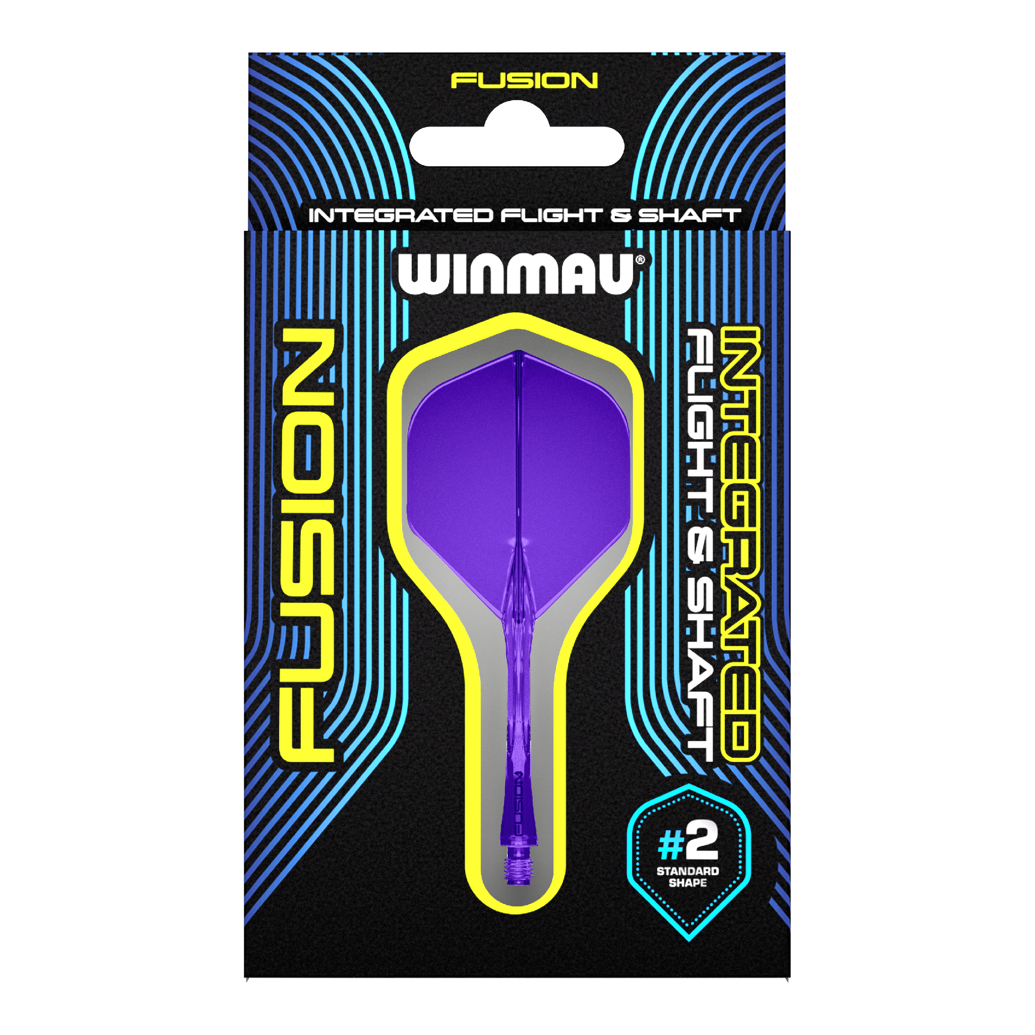 Systém letky Winmau Fusion Standard Purple Auf dem Bild ist eine Verpackung mit einem lila Dart-Flug- und Schaftsystem der Marke Winmau zu sehen. Die Verpackung trägt die Aufschrift "Fusion Integrated Flight & Shaft" und hebt die Standardform #2 hervor.