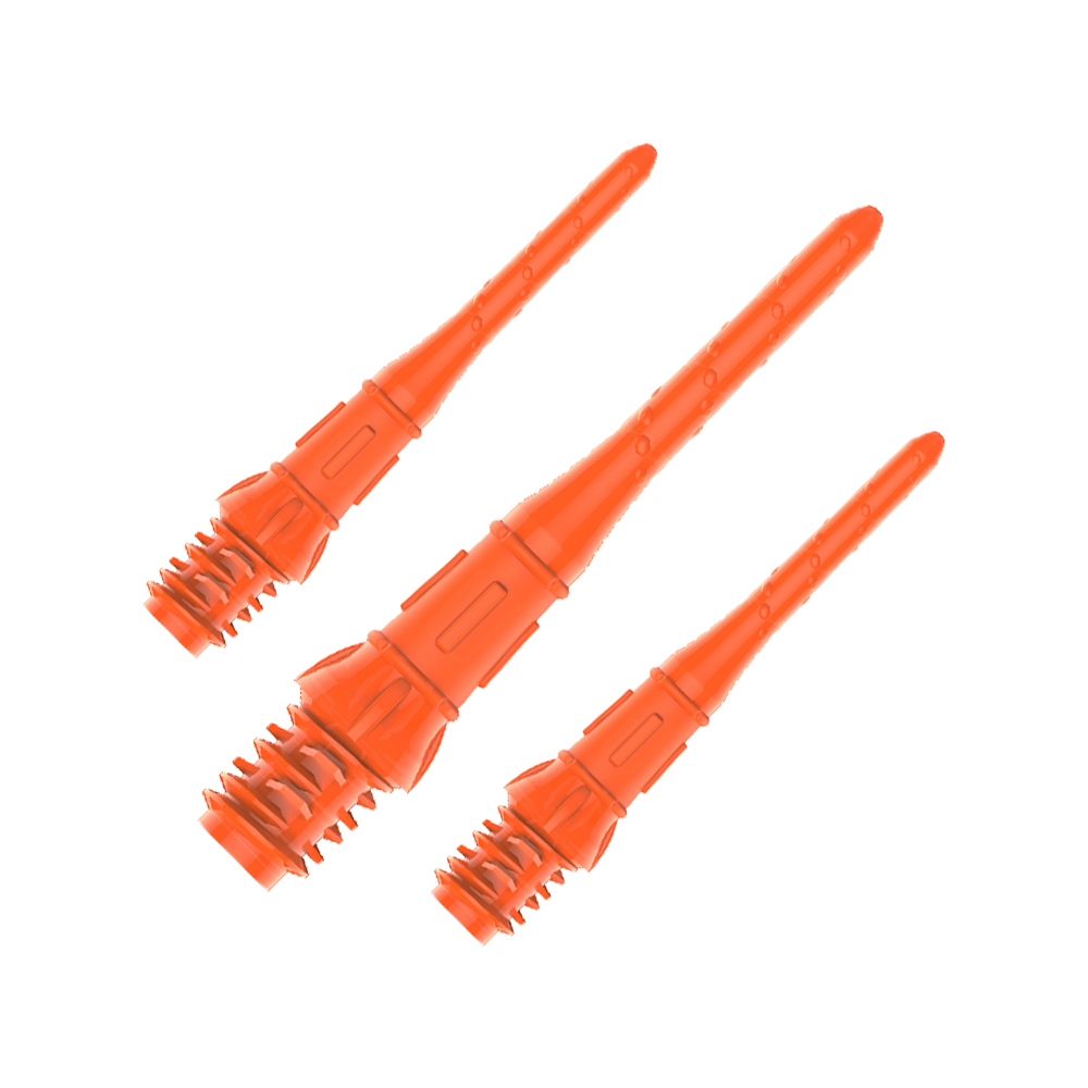 Das Bild zeigt drei orangefarbene Dartspitzen mit Gewinde. Sie sind in einer Reihe auf einem transparenten Hintergrund angeordnet.