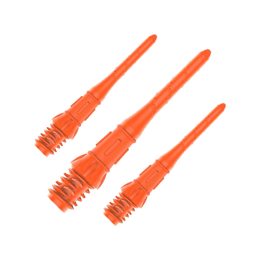 Premium Lippoints (30er Pack) - Spitzen Das Bild zeigt drei orangefarbene Dartspitzen mit Gewinde. Sie sind in einer Reihe auf einem transparenten Hintergrund angeordnet.