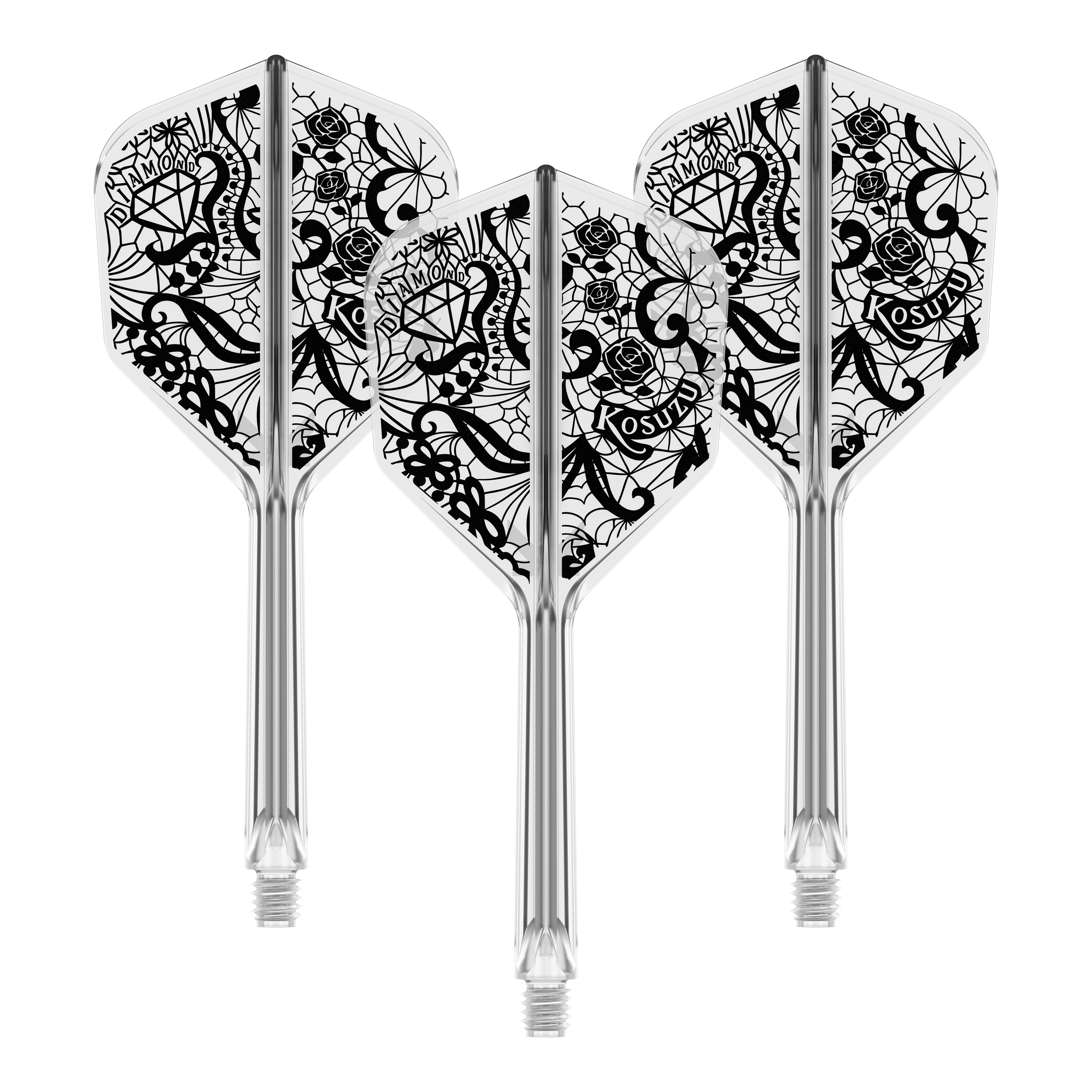 Abgebildet ist ein Produkt mit dem Namen 410241_Target_Japan_K-Flex_Diamond_No6_Flight-Shaft_System_33mm_1Set. Es handelt sich vermutlich um eine Dartschaft-Kombination.