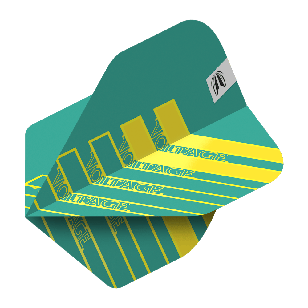 Target Pro Ultra Rob Cross Aqua No2 Standard Flights - 3 sady Das Bild zeigt ein Dart-Flight in Aqua-Farbe mit gelben Streifen und dem Schriftzug "VOLTAGE". Es handelt sich um das Produkt "Target Pro Ultra Rob Cross Aqua No2 Standard Flights - 3 Sets".