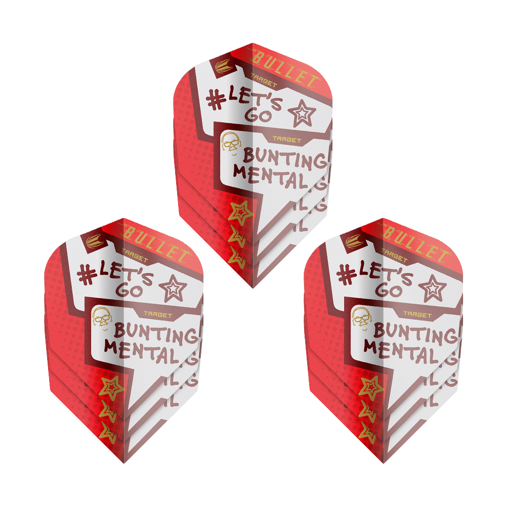 Letky Target Pro Ultra Stephen Bunting Mental No6 - 3 sady Das Bild zeigt drei Sets der "Target Pro Ultra Stephen Bunting Mental No6 Flights" für Darts. Die Flights sind rot-weiß gestaltet und tragen Aufschriften wie "#LET'S GO" und "BUNTING MENTAL."