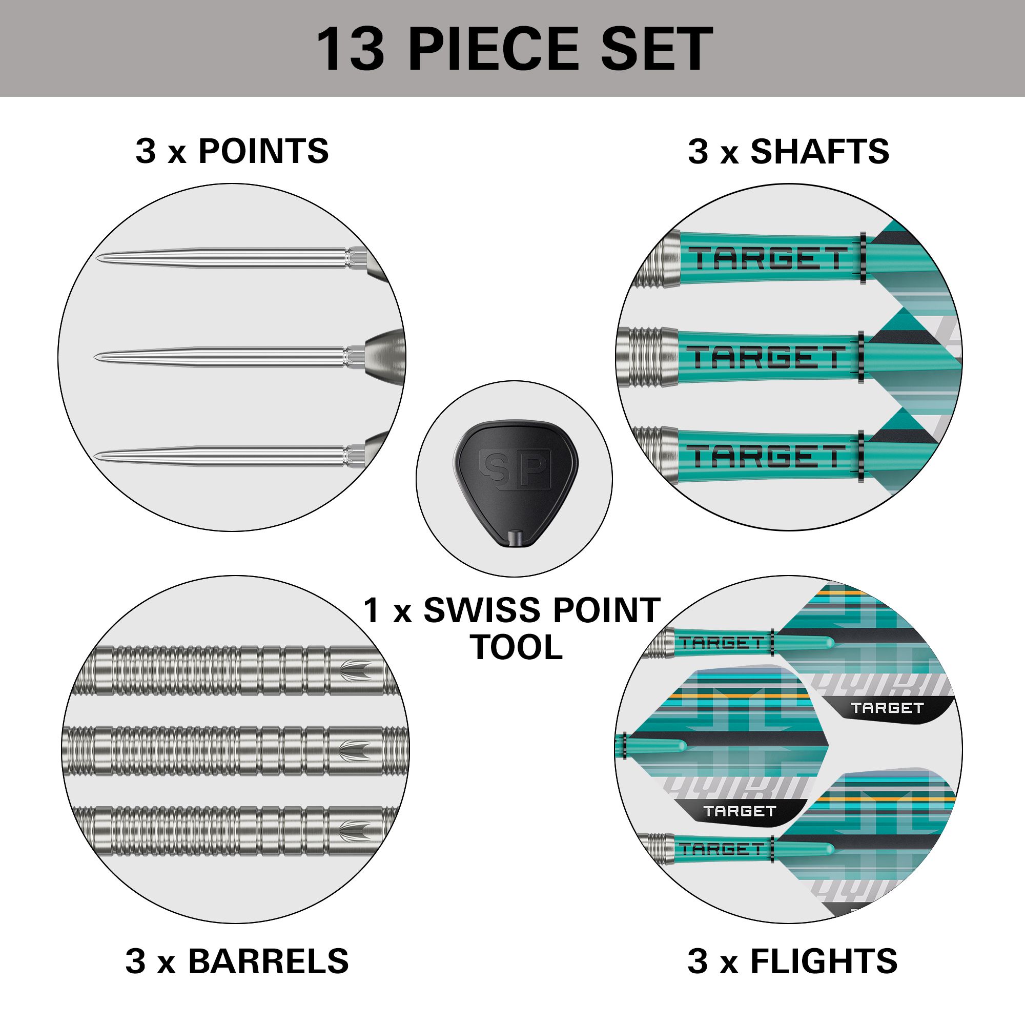 Dardos de acero Target Hydro 03 Swiss Point Zu sehen sind die Target Hydro 03 Swiss Point Steeldarts. Die Steeldarts werden detailliert ausgeleuchtet.