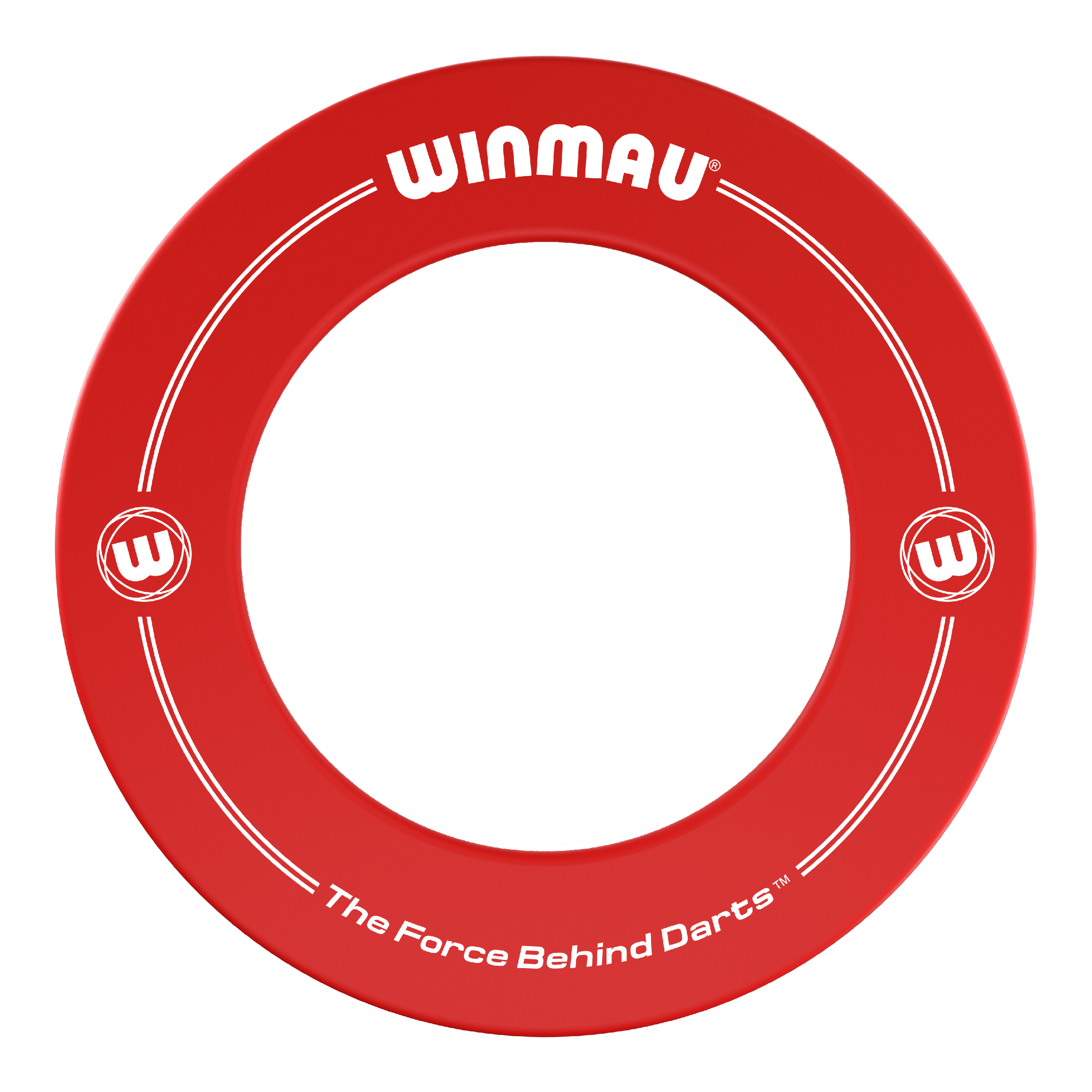 Winmau Dartboard Surround Das Bild zeigt einen roten Dartboard-Surround-Ring der Marke Winmau. Auf dem Ring steht der Slogan „The Force Behind Darts™“.