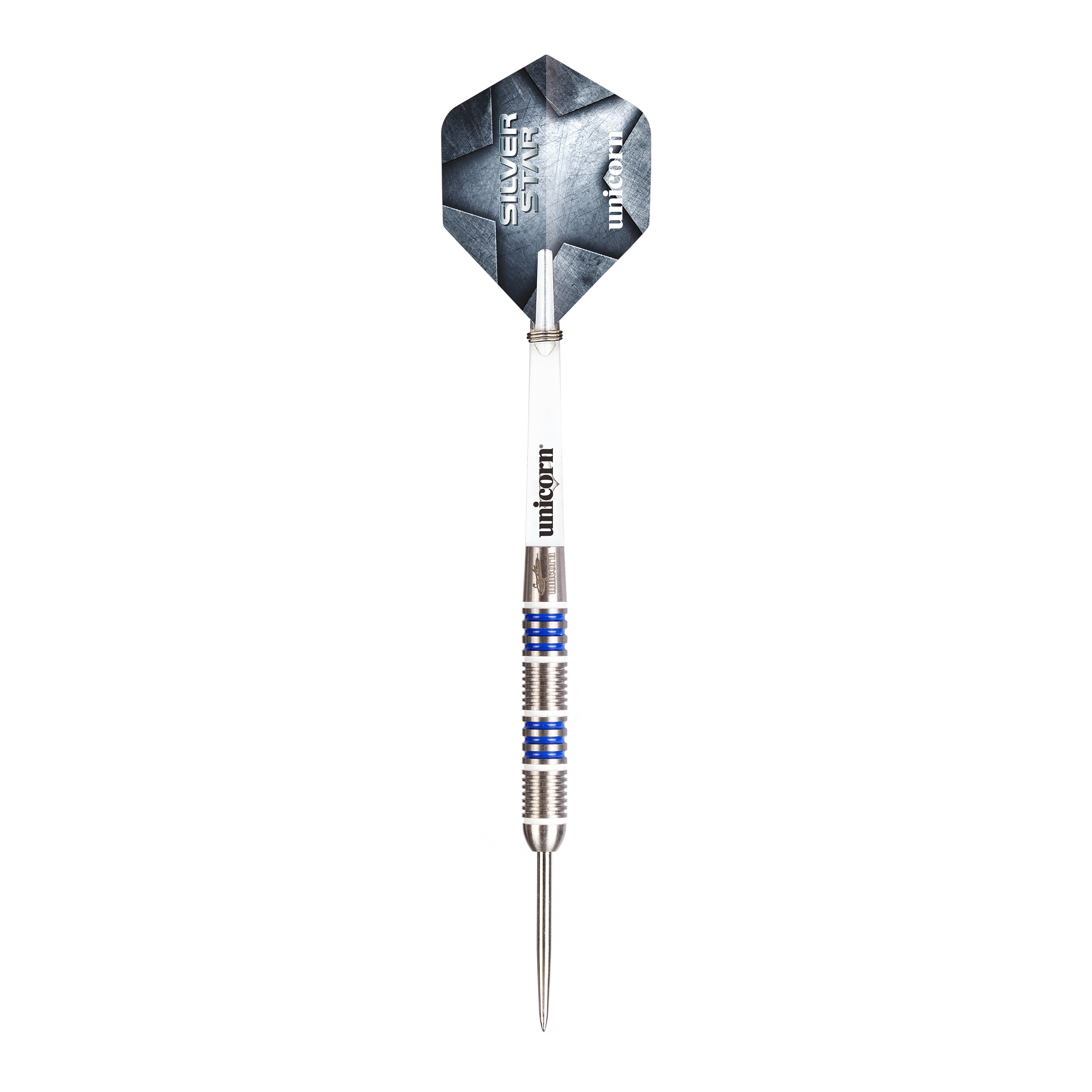 Unicorn Silver Star Var.4 Gary Anderson Steeldarts Dieses Bild zeigt Unicorn Silver Star Var.4 Gary Anderson Steeldarts. Die Darts liegen nebeneinander auf einer weißen Fläche.