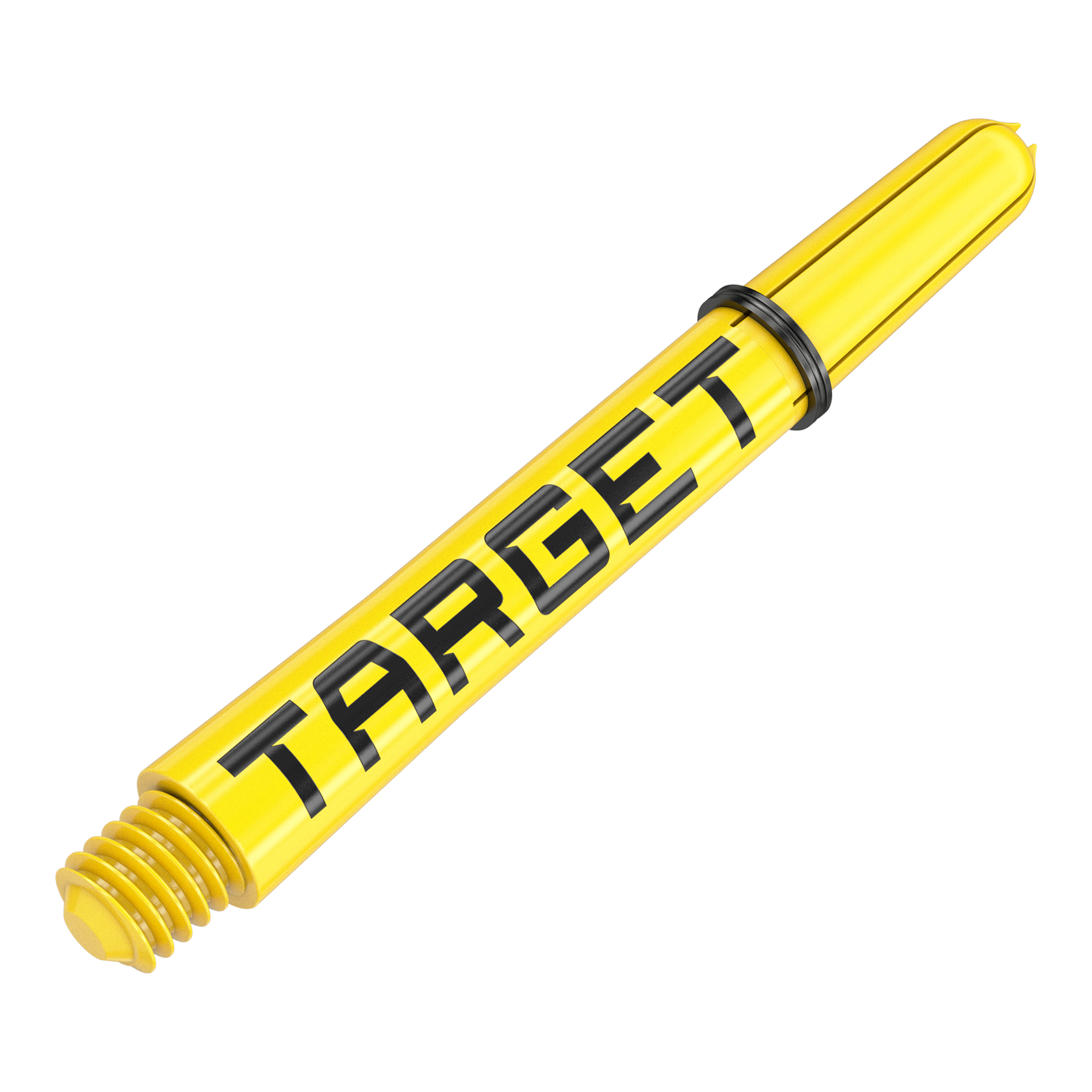 Dies ist ein gelber Dart-Schaft mit dem Schriftzug "TARGET". Der Schaft hat ein schwarzes Gummiband und ein Schraubgewinde am Ende.