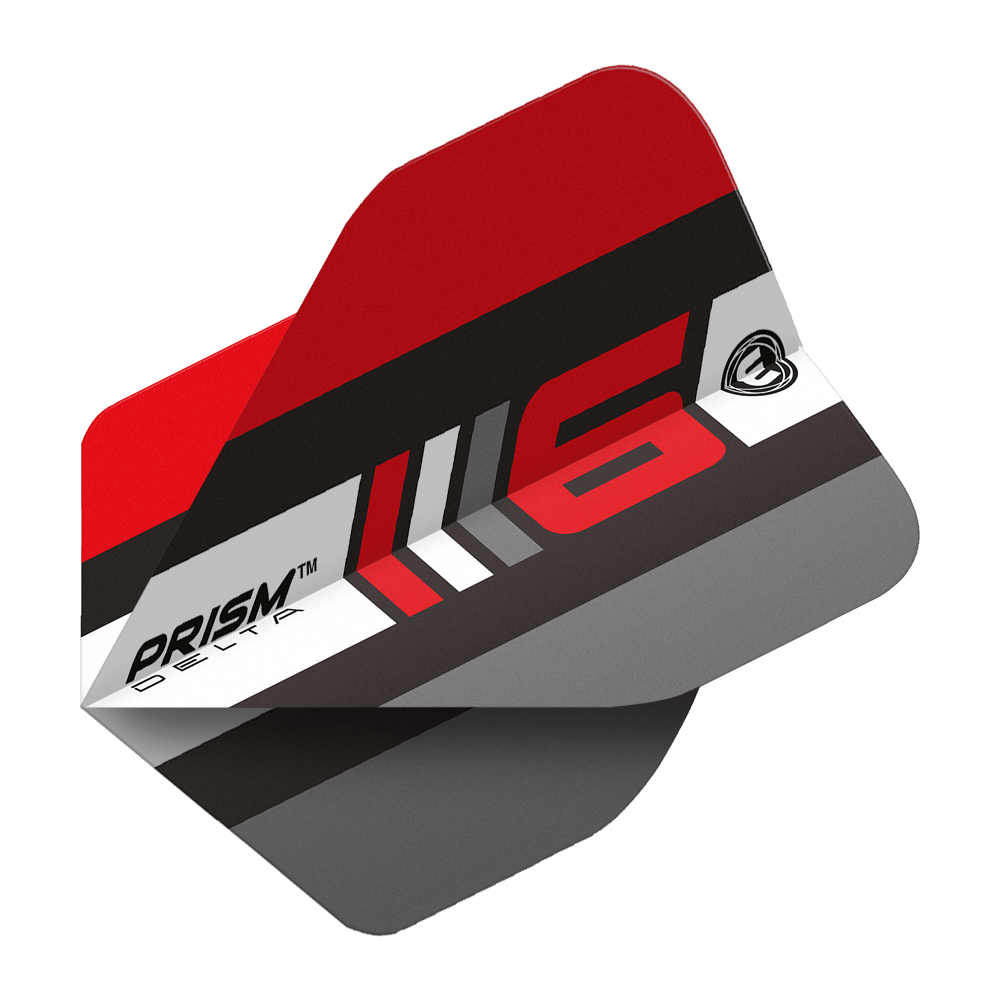 6915-226_Winmau_Prism_Delta_Blade6_B_Standard_Flights_2 Dies ist ein Winmau Prism Delta Blade 6 B Standard Flight für Darts. Das Design ist überwiegend rot, schwarz und grau mit einem modernen Muster und der Aufschrift "PRISM DELTA" und "6".