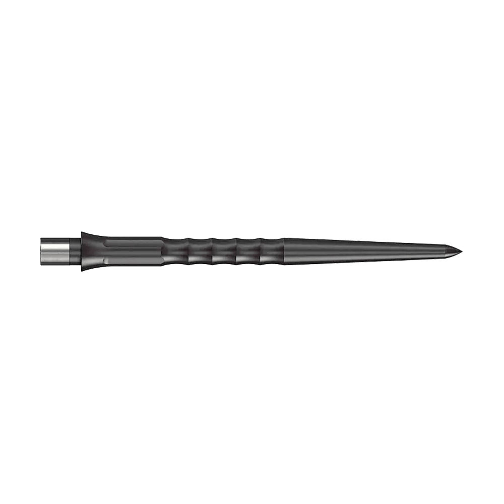 Pointes Caliburn System Steeldart - Ripple - NoLip - Noires Auf dem Bild ist eine schwarze Stahlspitze für ein Dart zu sehen. Die Spitze hat eine geriffelte Struktur und ist 32 mm lang.