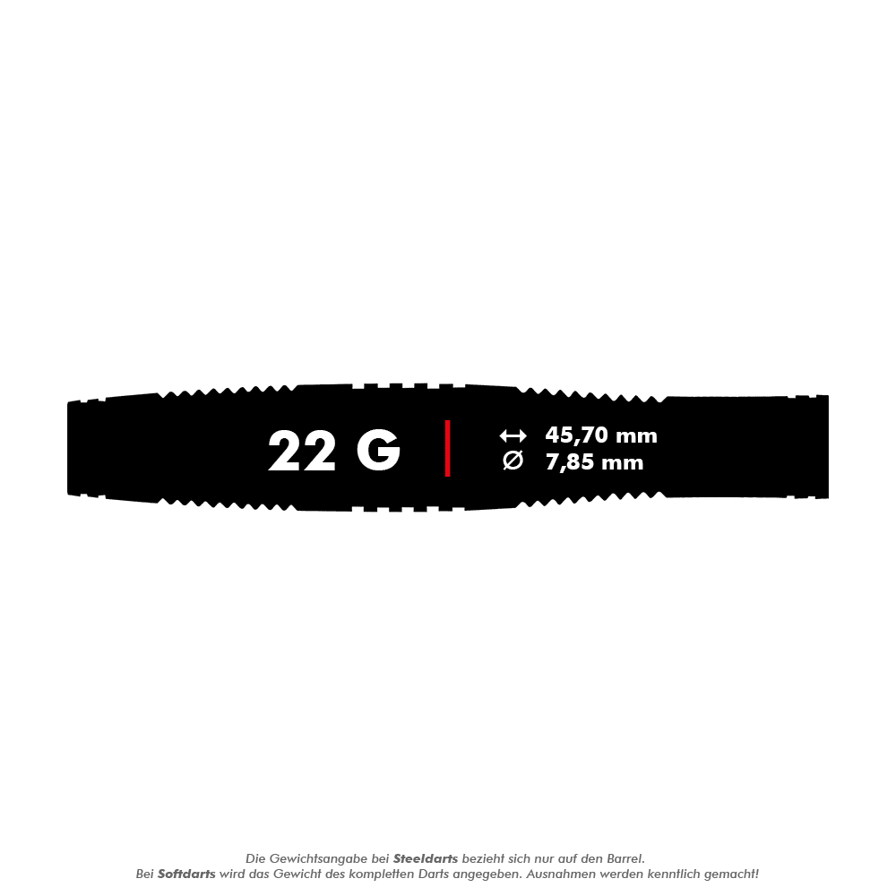 Měkké šipky Red Dragon Marlin Venom - 22g Das Bild zeigt die Produktinformationen der Red Dragon Marlin Venom Softdarts mit einem Gewicht von 22 Gramm. Die Darts haben eine Länge von 45,70 mm und einen Durchmesser von 7,85 mm.