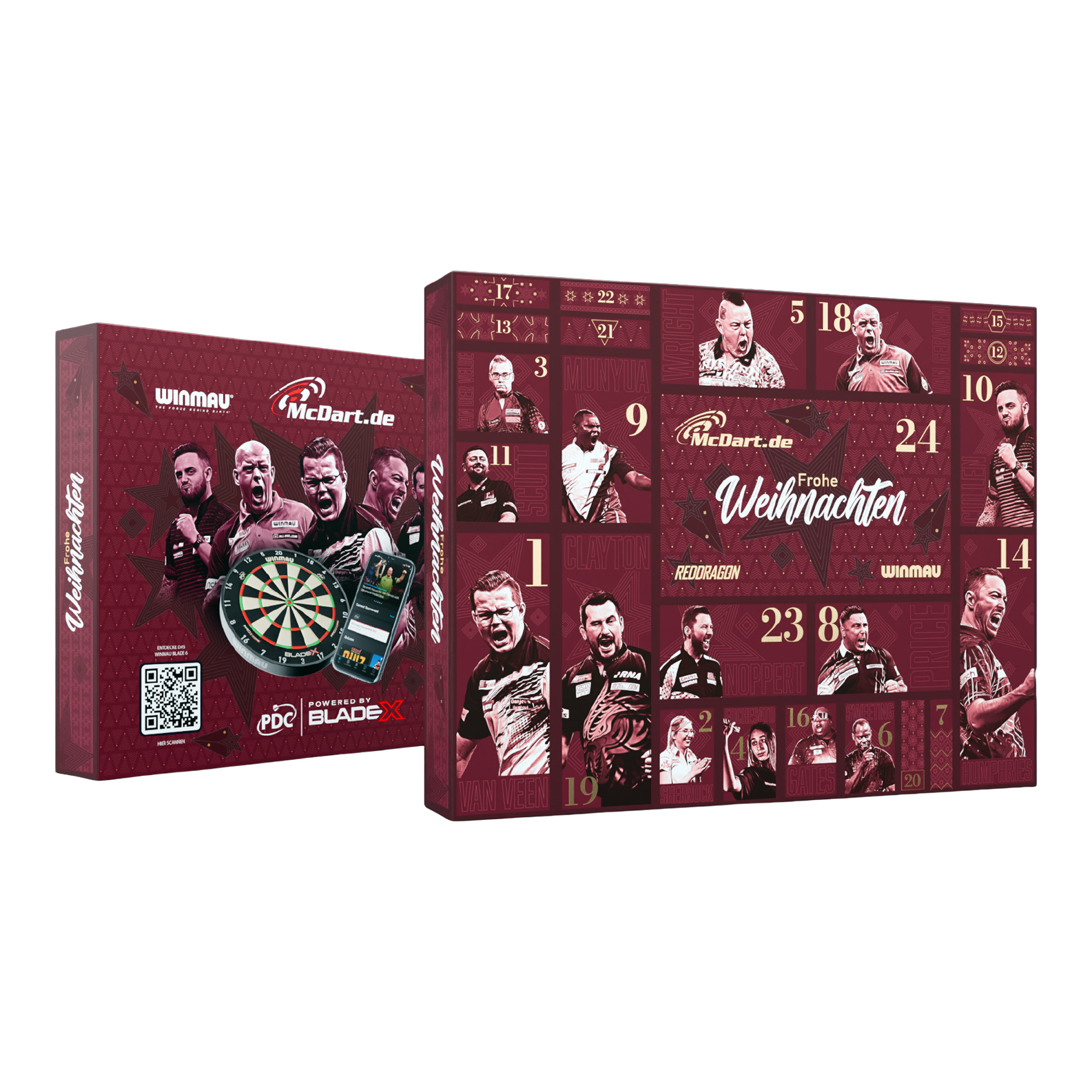 McDart Premium Advent Calendar 2026 for Soft Dart Players Dieses Bild zeigt den McDart Premium Adventskalender 2026 für Steeldart-Spieler. Es ist ein spezieller Adventskalender für Freunde des Steeldart-Sports.