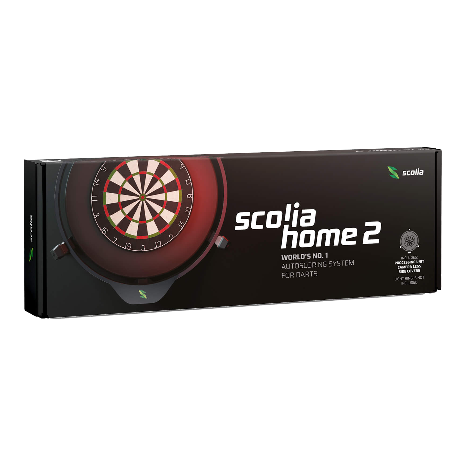 Elektronický systém automatického bodování Scolia Home 2 2026 Die Abbildung zeigt die Verpackung des Produkts "Scolia Home 2 Electronic Score System". Es handelt sich um ein automatisches Punktezählsystem für Darts.