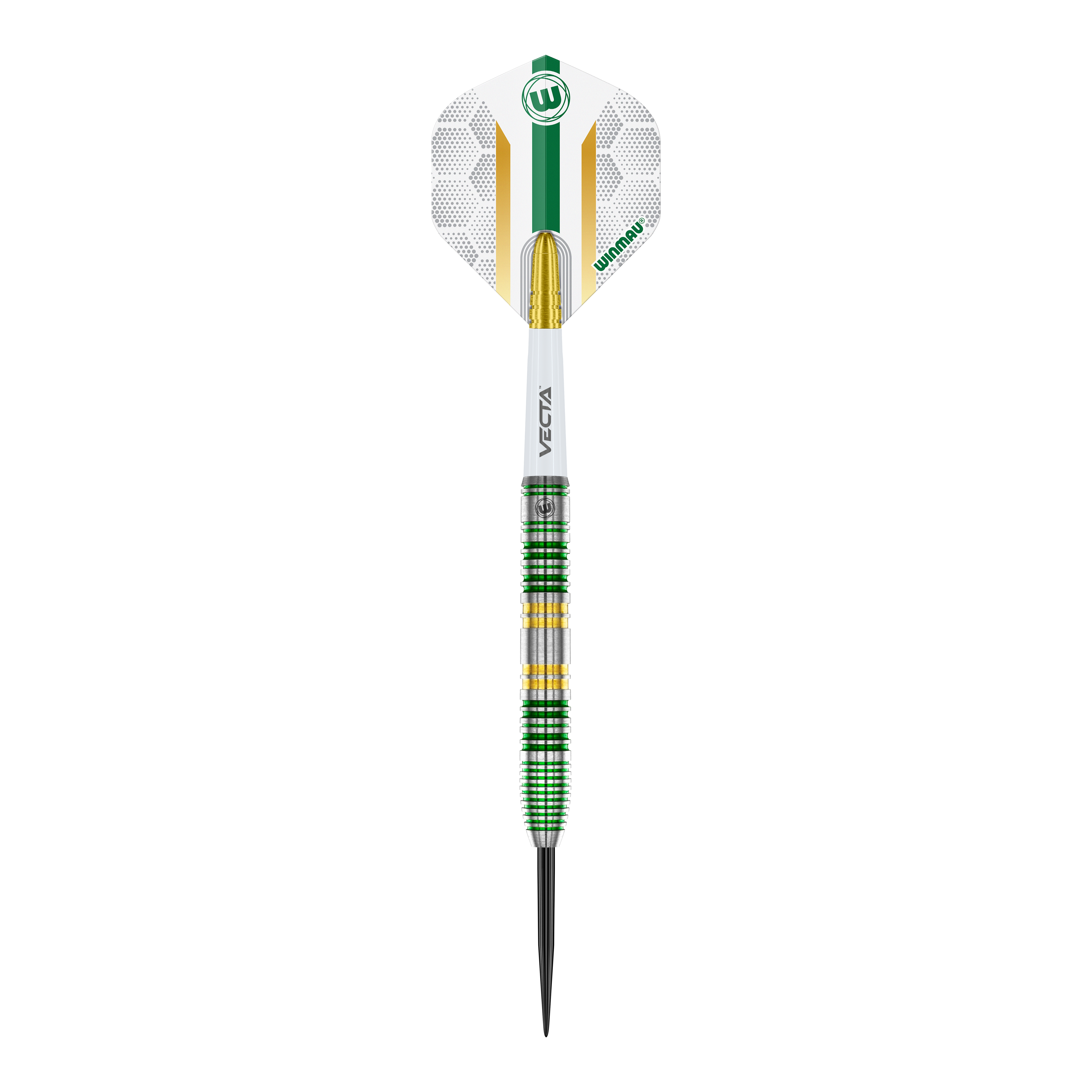 Freccette in acciaio Winmau Xenon Das Bild zeigt einen Winmau Xenon Steeldart mit einer weißen, grünen und goldenen Gestaltung. Der Dartpfeil hat einen markanten Ringgriff und eine spitze Metallspitze.