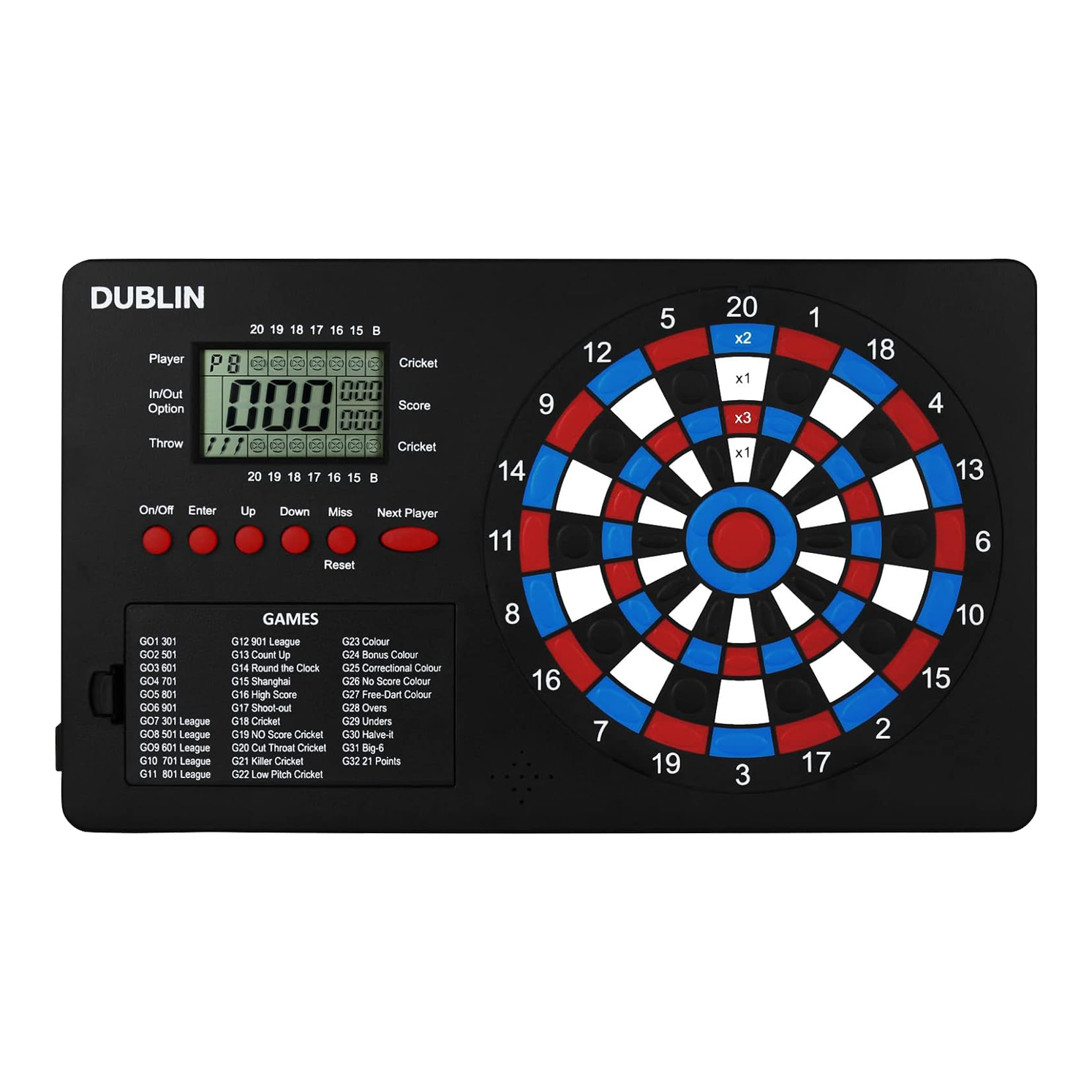 Počítadlo šipek XQMax Dublin Das Bild zeigt den "XQMax Dublin Dart Counter", ein elektronisches Dartspiel mit eingebautem Punktezähler. Links befindet sich ein digitales Display und Tasten zur Spielsteuerung, rechts das bunte Dartboard mit verschiedenen Zahlenfeldern.