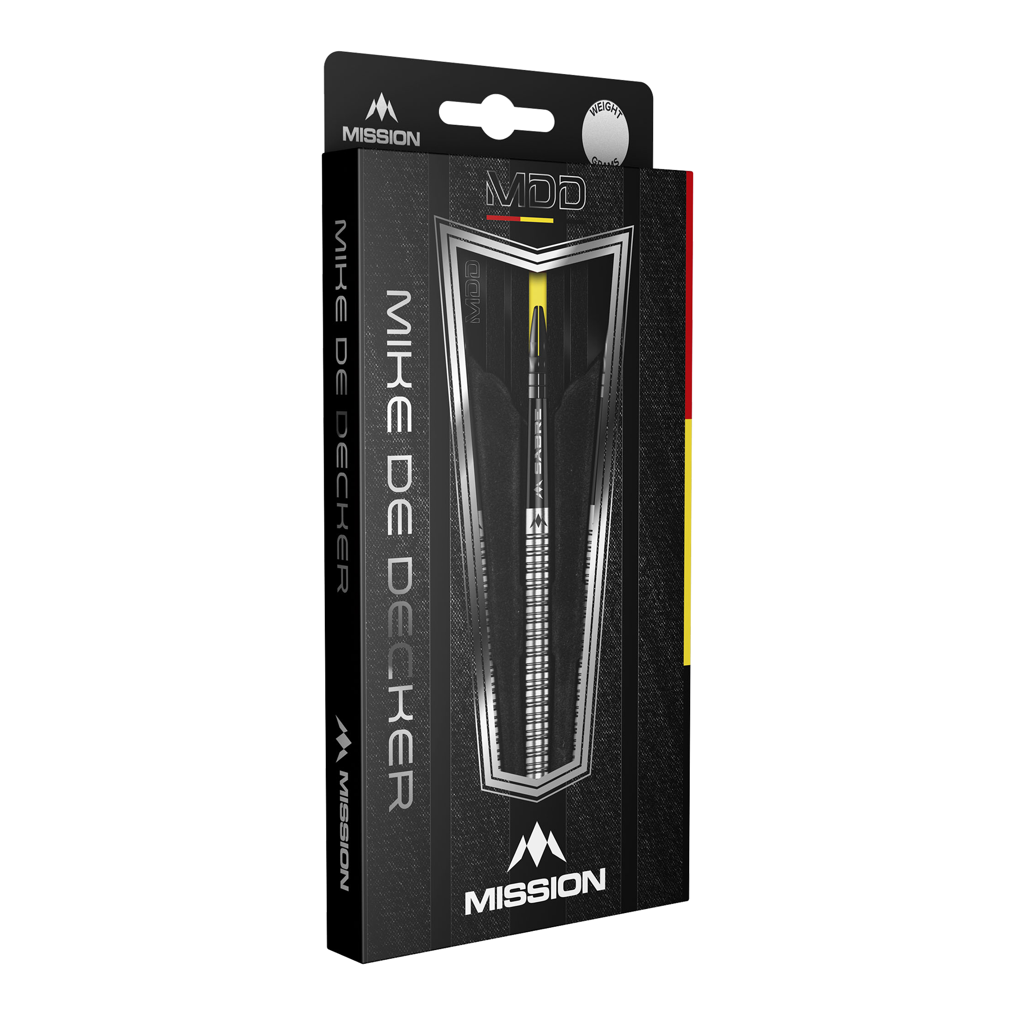Mission Mike De Decker MDD Silver Steeldarts Die Abbildung zeigt die Verpackung der "Mission Mike De Decker MDD Silver Steeldarts". Auf der Schachtel sind der Markenname Mission und der Name Mike De Decker deutlich zu erkennen.