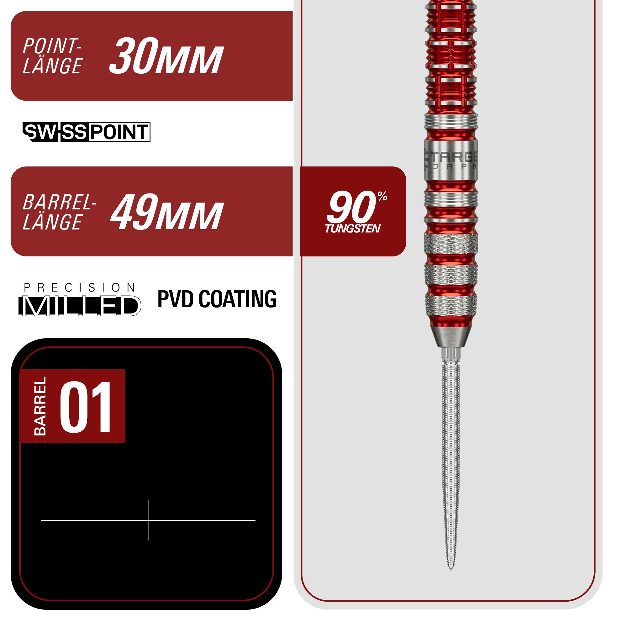 Abgebildet sind die Target Japan Black Marque Spinel Swiss Point Steeldarts mit 23 Gramm Gewicht. Die Darts sind speziell für Präzision und Design entwickelt.