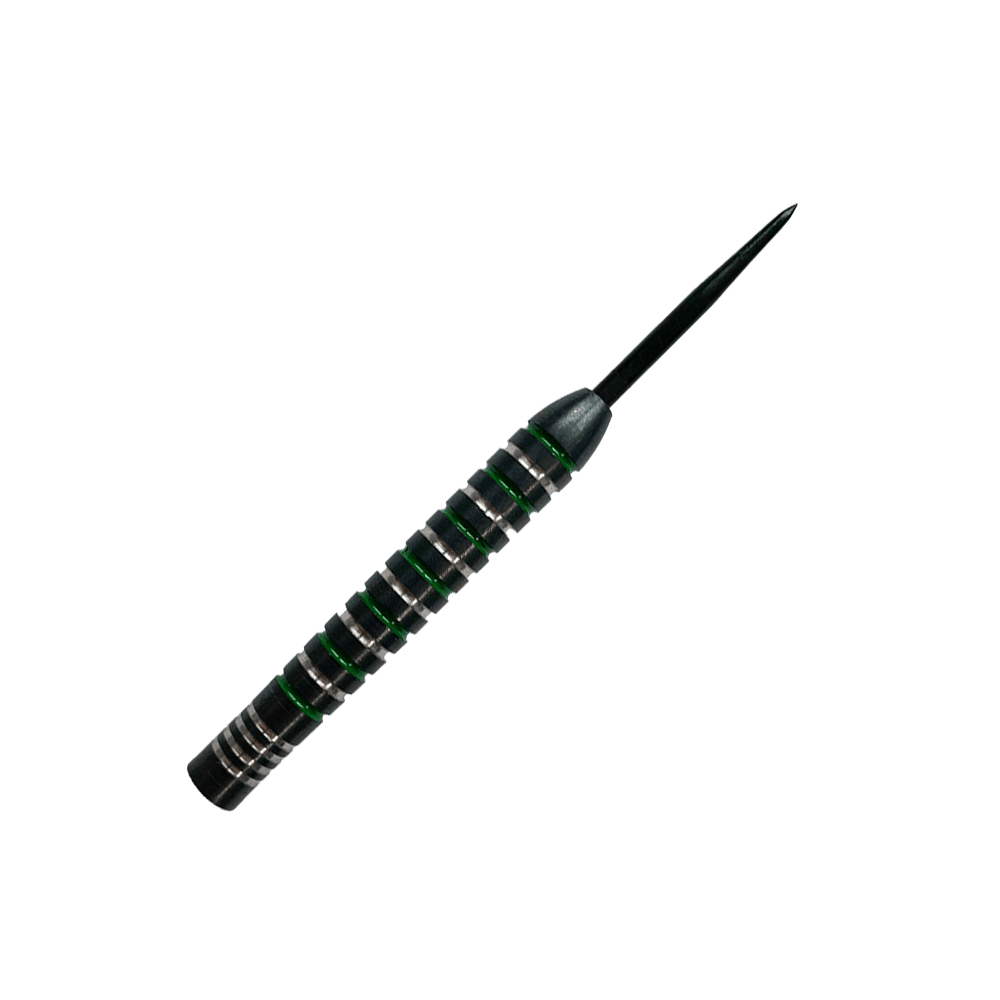 McDart stříbrnozelené ocelové sudy Das Bild zeigt einen McDart Silver Green Steeldart Barrel. Der Dart hat silberne und grüne Rillen und eine schwarze Spitze.