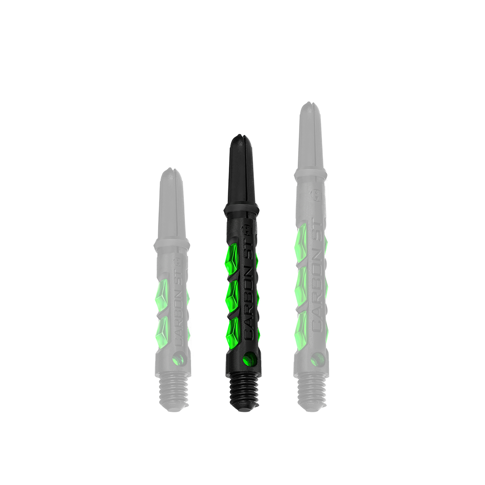 HR423_Harrows_Carbon_ST_Shafts_Gr-n_40mm_1 Harrows Carbon ST Shafts im Set abgebildet. Die Oberfläche erscheint glatt und robust.