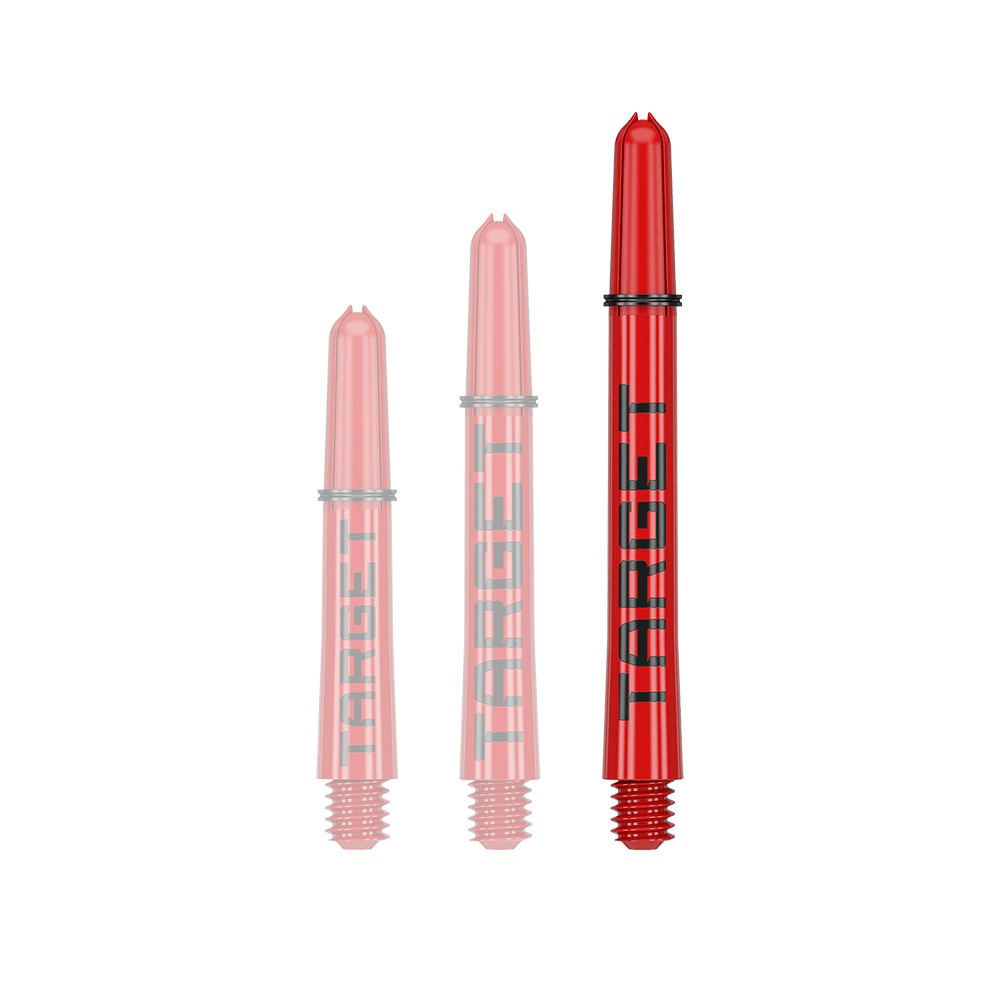 Target Pro Grip TAG Shafts - 3 Sets - Rot Auf dem Bild sind drei rote Dart-Schäfte in unterschiedlichen Längen zu sehen. Auf jedem Schaft steht das Wort "TARGET" in schwarzen Buchstaben.