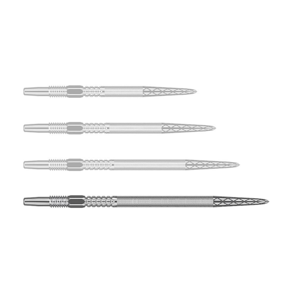 Puntas de dardos Target Swiss Point DX - Plata Auf dem Bild sind vier silberne Dartspitzen in einer Reihe zu sehen. Die Spitzen haben ein geriffeltes Muster und eine spitz zulaufende Form.