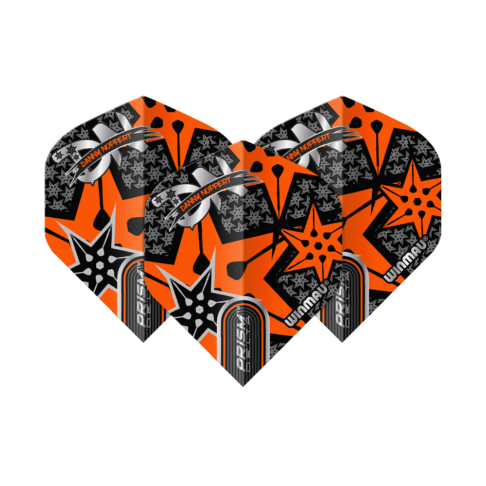 Letky Winmau Prism Delta Danny Noppert Orange Signature No2 Standard Das Bild zeigt drei Dart-Flights mit auffälligem orange-schwarzem Design. Auf den Flights steht "Danny Noppert" und "Winmau Prism Delta".