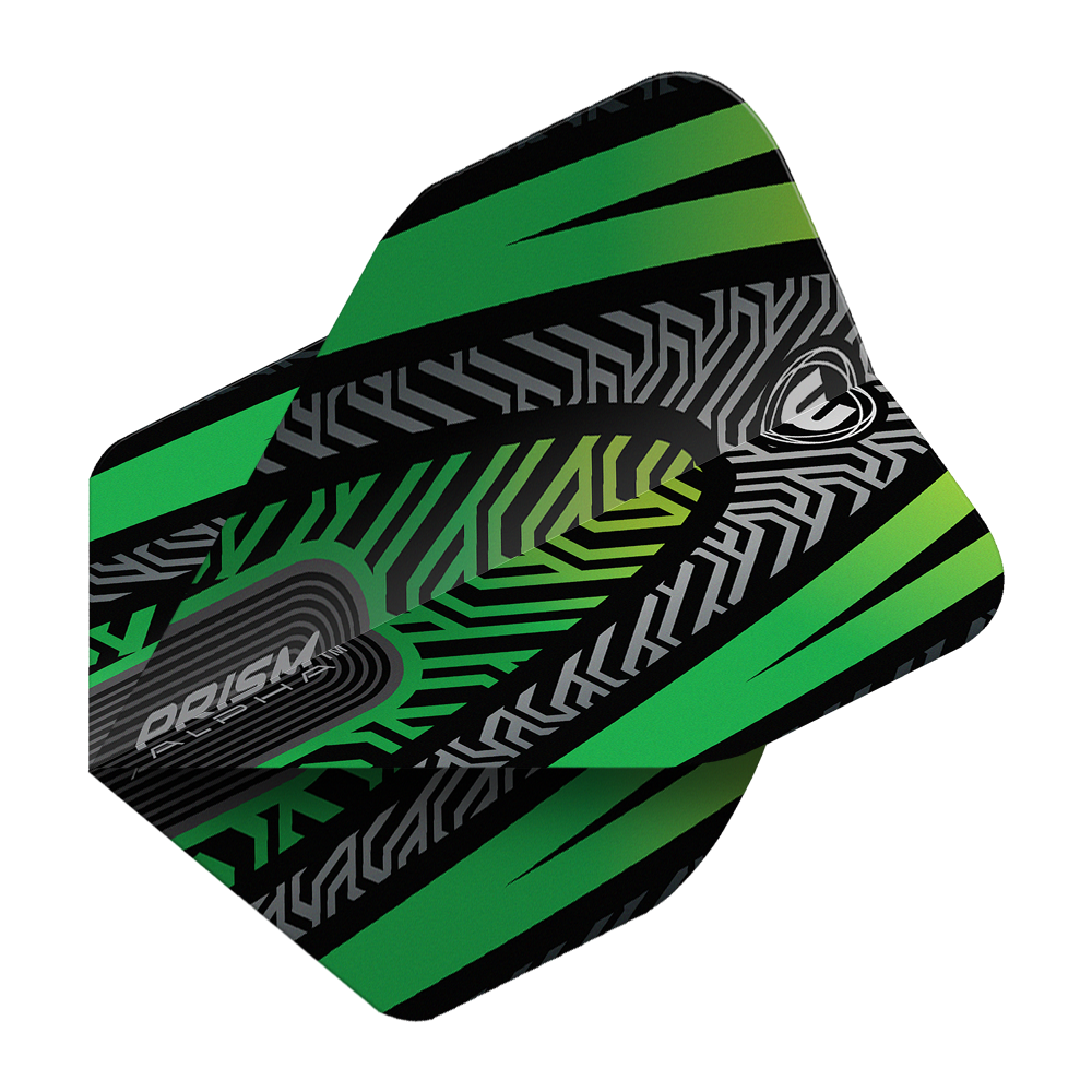 Standardní letky Winmau Prism Alpha Black Green č. 2 Mehrere Winmau Prism Alpha Schwarz No2 Standard Flights sind angeordnet. Der Artikel hat eine klassische Form.