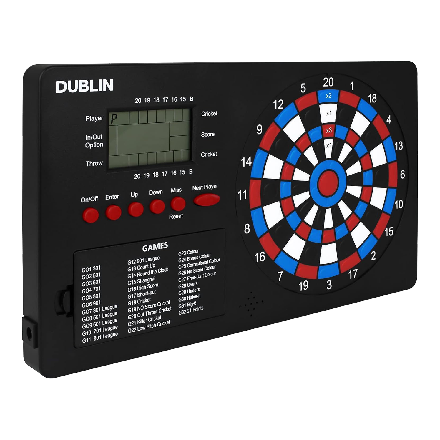 Počítadlo šipek XQMax Dublin Das Bild zeigt den "XQMax Dublin Dart Counter", ein elektronisches Dartboard mit digitalem Display. Auf dem Gerät befinden sich zahlreiche Tasten zur Bedienung und eine Übersicht verschiedener Dartspiele.