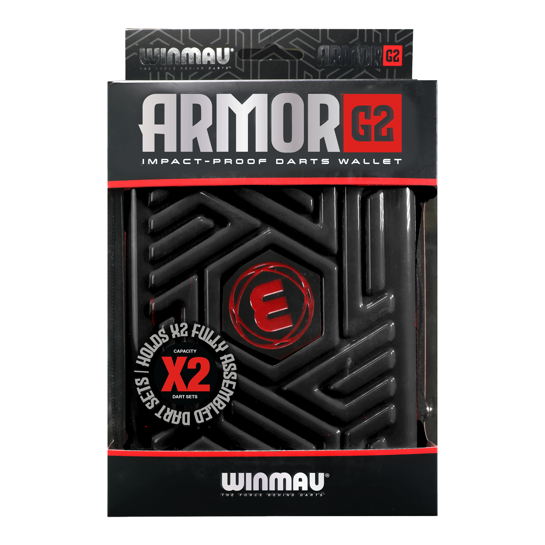 Portafoglio per freccette Winmau Armor G2 Dies ist eine schwarze, stoßfeste Darttasche der Marke Winmau namens "Armor G2". Sie bietet Platz für zwei komplett montierte Dart-Sets.