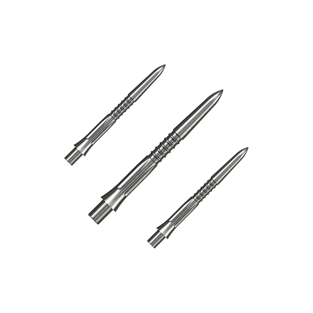 Puntas de dardos Mission Caliburn EVO GV1 - plateadas Auf dem Bild ist ein Set silberner Steeldartspitzen mit 26 mm Länge zu sehen. Mehrere Spitzen sind zusammen angeordnet.