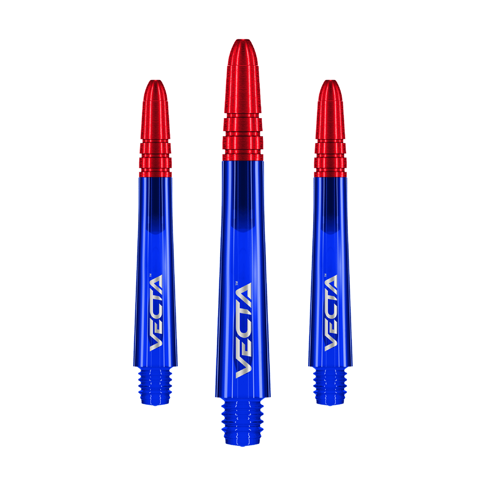 Alberi Winmau Vecta - Blu Rosso Auf dem Bild sind drei Dartschäfte in leuchtendem Blau mit roten Spitzen zu sehen. Auf jedem Schaft steht das Wort "VECTA" in weißer Schrift.