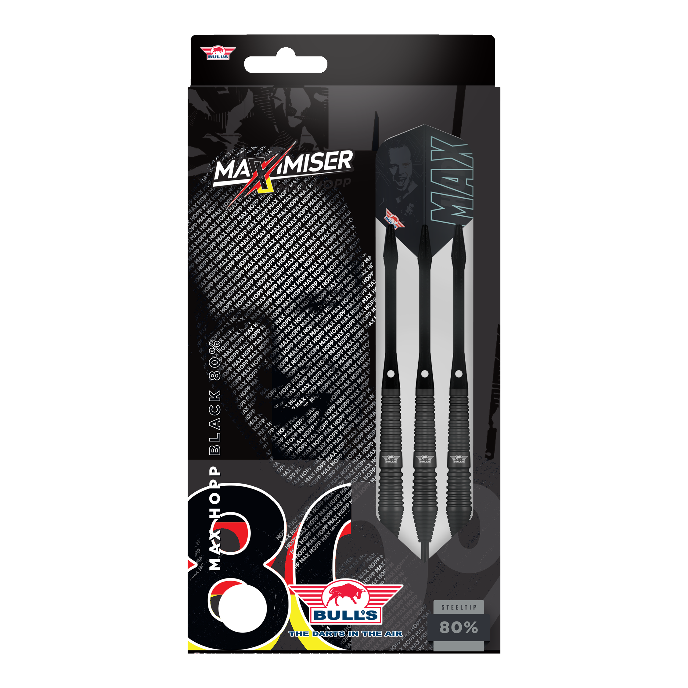 Dardos Bulls NL Max Hopp de acero negro Auf dem Bild sind Bulls NL Max Hopp Black Steeldarts zu erkennen. Die Darts werden einzeln und detailliert gezeigt.