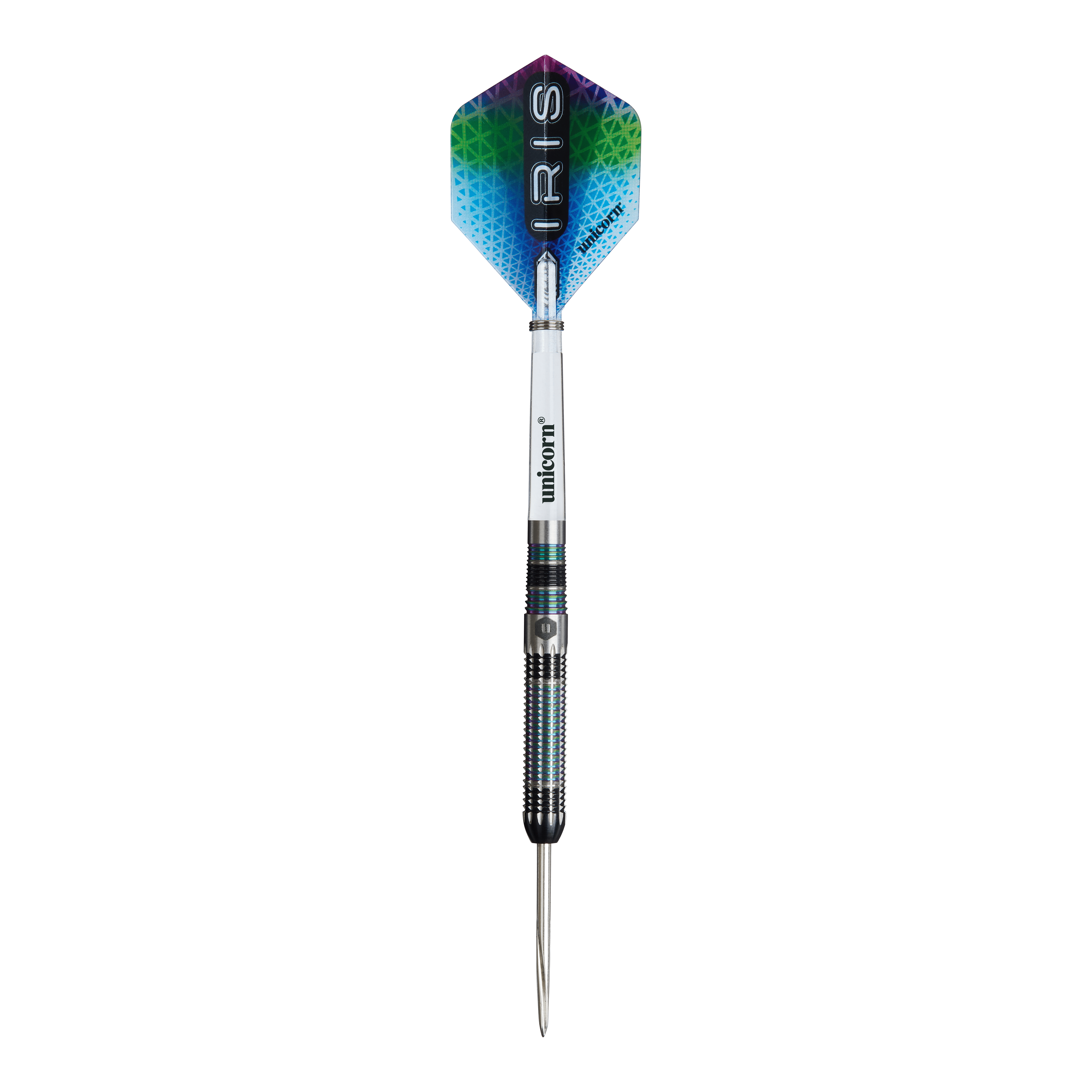 Dardos de acero Unicorn Iris Das Bild zeigt einen Steeldart namens "Unicorn Iris". Der Dart hat einen bunten Flight mit dem Schriftzug "IRIS" und einen metallischen Schaft.