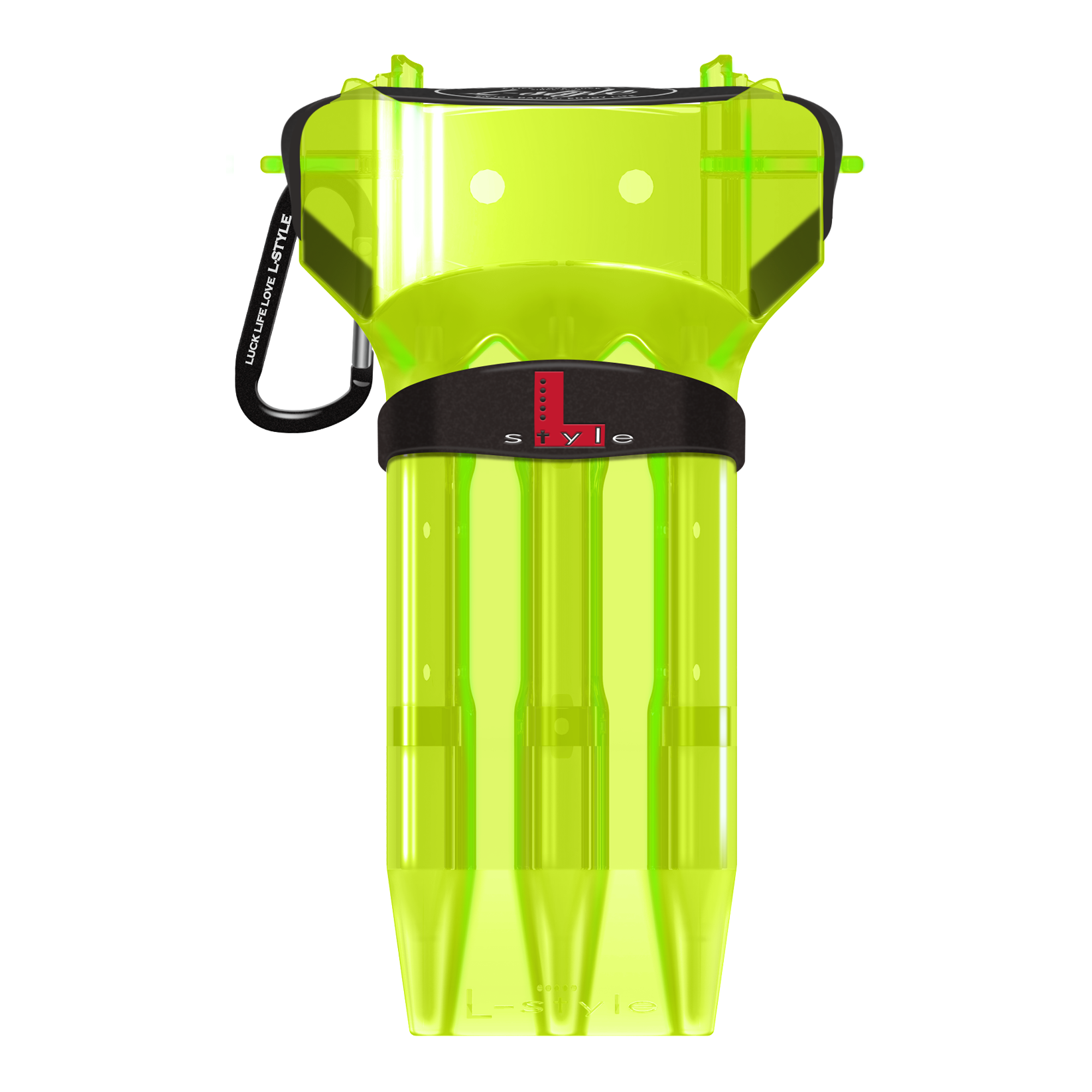 Das Bild zeigt ein neon-gelbes Dartcase von L-Style. Das Case hat einen schwarzen Verschluss und ist durchsichtig gestaltet.