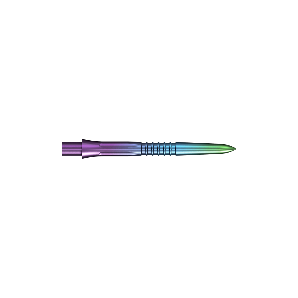 Puntas de dardos Mission Caliburn EVO GV1 - Arcoíris Eine bunte Steeldartspitze mit Rainbow-Finish wird dargestellt. Die Spitze ist schlank und schimmert in mehreren Farben.