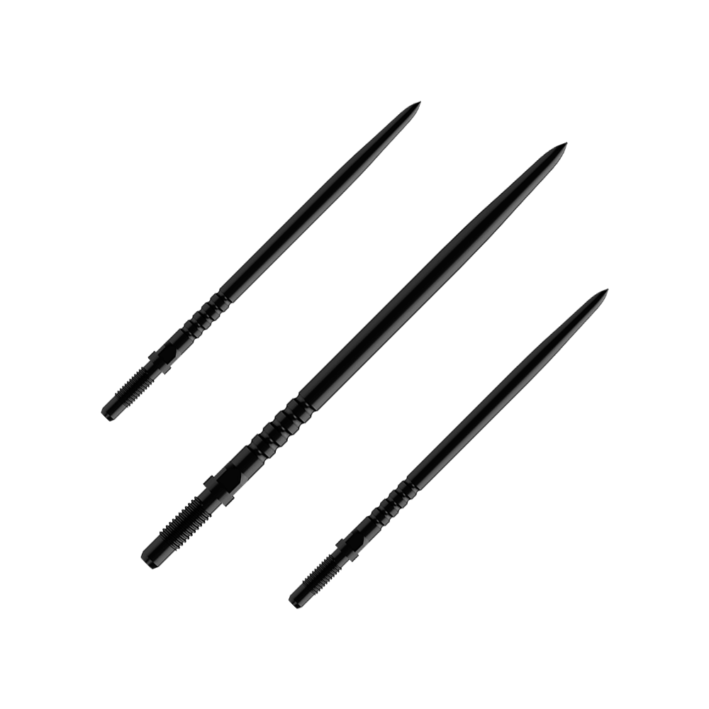 Pointes de fléchettes convertibles Bulls NL - Grip annelé - Noires Auf dem Bild sind mehrere Dartspitzen zu sehen. Es handelt sich um ein Set BullsNL Convertible Points mit Ringed Grip in Schwarz und 40mm Länge.