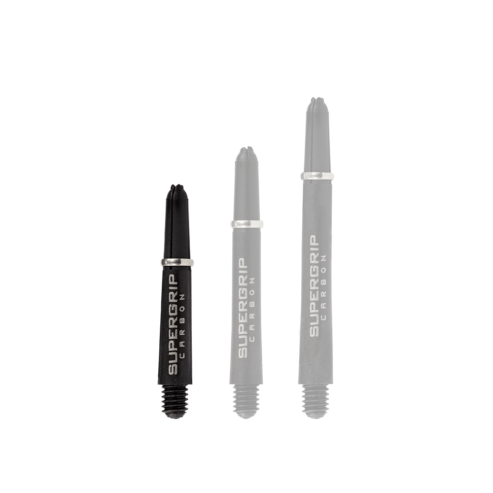 HR354_Harrows_Supergrip_Carbon_Shafts_Silber_33mm_1 Das Bild zeigt drei schwarze Harrows Supergrip Carbon Shafts in unterschiedlicher Länge. Auf den Schäften steht in silberner Schrift "SUPERGRIP CARBON".