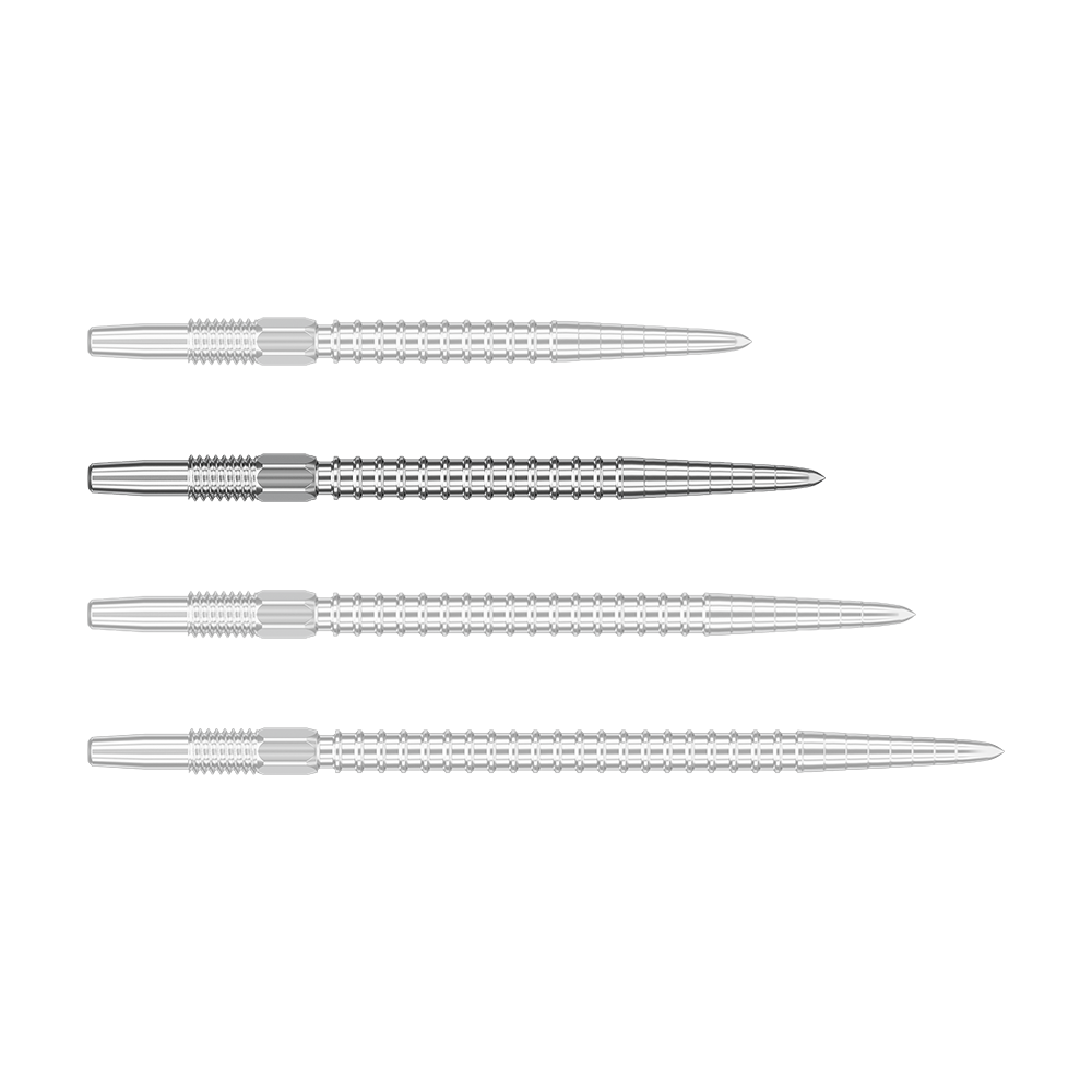 Puntas de dardos Target Swiss Point Chrono - Plateadas Das Bild zeigt vier silberne Dartspitzen in einer Reihe. Die Spitzen sind aus Metall und haben ein geriffeltes Muster.