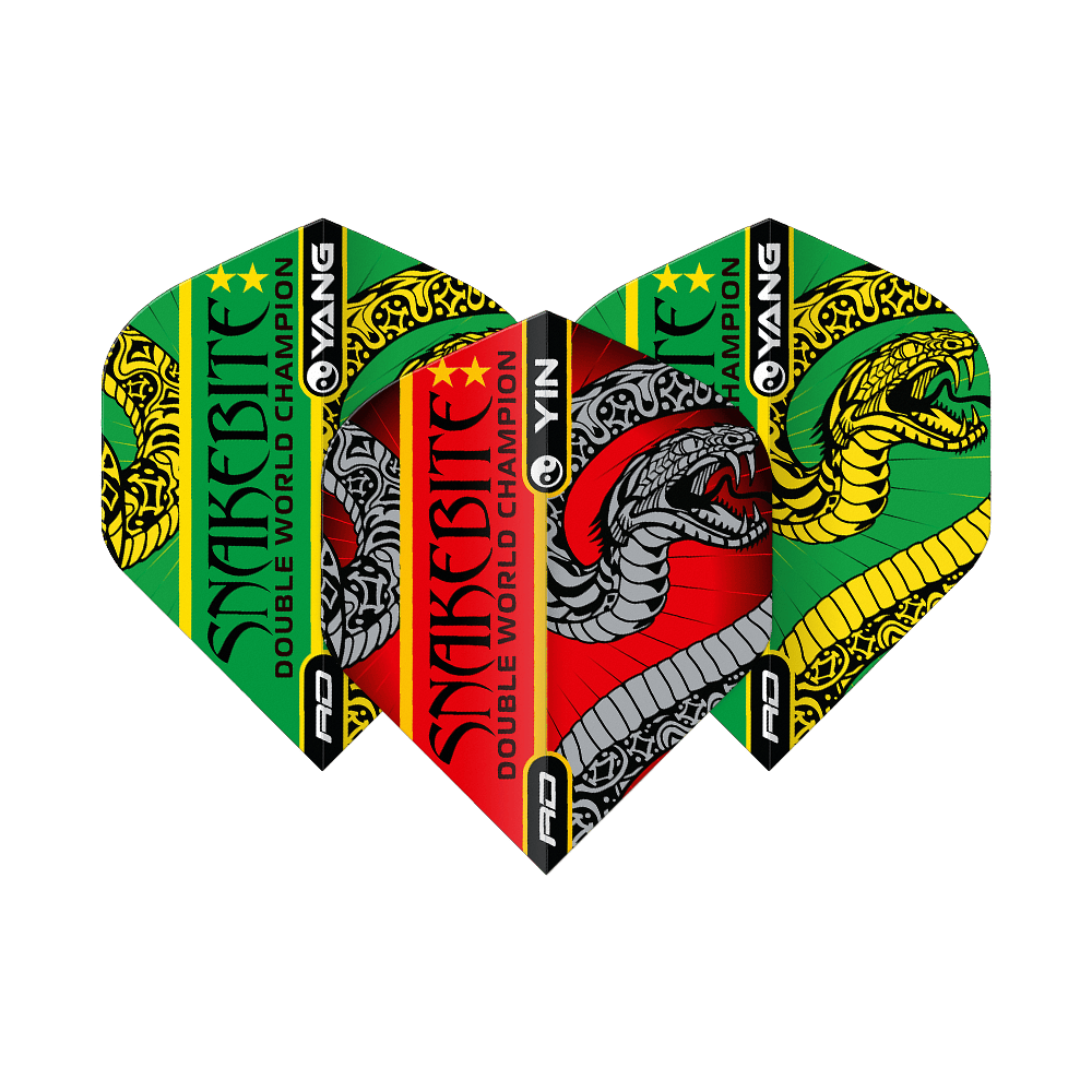 Red Dragon Peter Wright Snakebite Červeno-zelený Yin Yang Standardní lety Das Bild zeigt drei Dartflights mit bunten Farben und auffälligem Schlangen-Design. Auf den Flights steht "Snakebite Double World Champion" und sie sind in Rot, Grün, Gelb und Schwarz gestaltet.