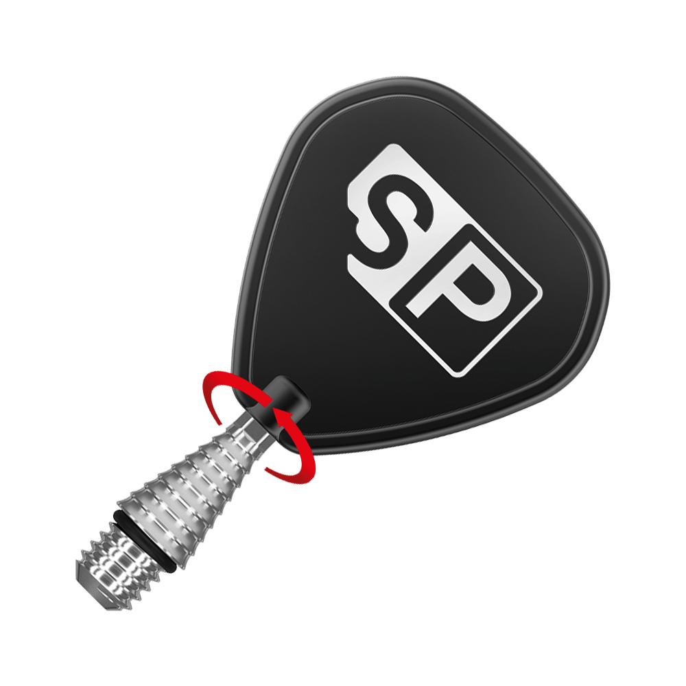380180_Target_Titanium_Swiss_Point_Grooved_Conversion_Points_Silber_3 Das Bild zeigt eine schwarze Dartflightscheibe mit der weißen Aufschrift "SP". Am unteren Rand ist eine silberne, gerillte Dartspitze zu sehen.