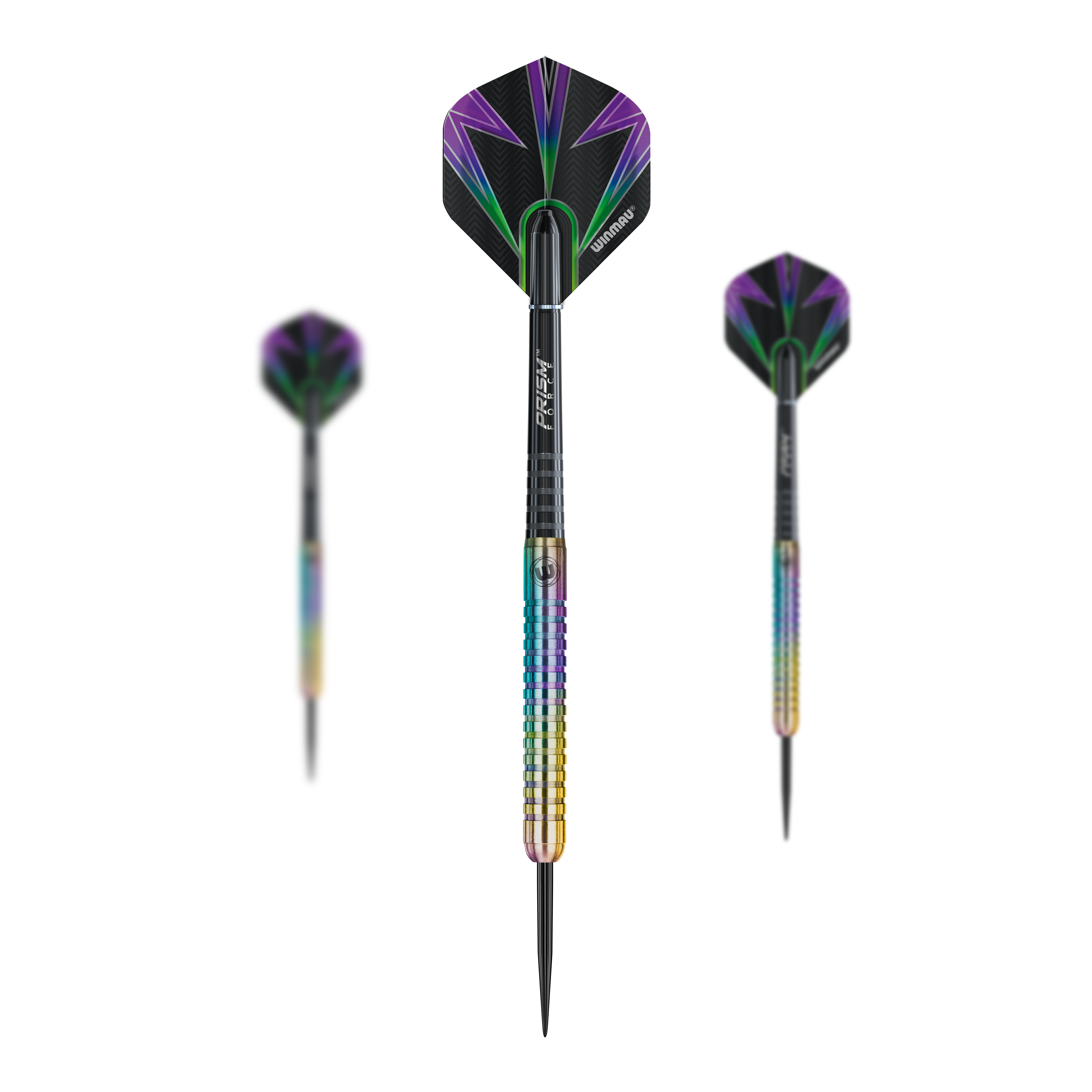 Dardos de acero Winmau Foxfire Urban Das Bild zeigt drei Winmau Foxfire Urban Steeldarts mit farbenfrohen Schäften und schwarzen Flights mit lila und grünen Mustern. Die Darts haben metallische Spitzen und ein modernes, auffälliges Design.