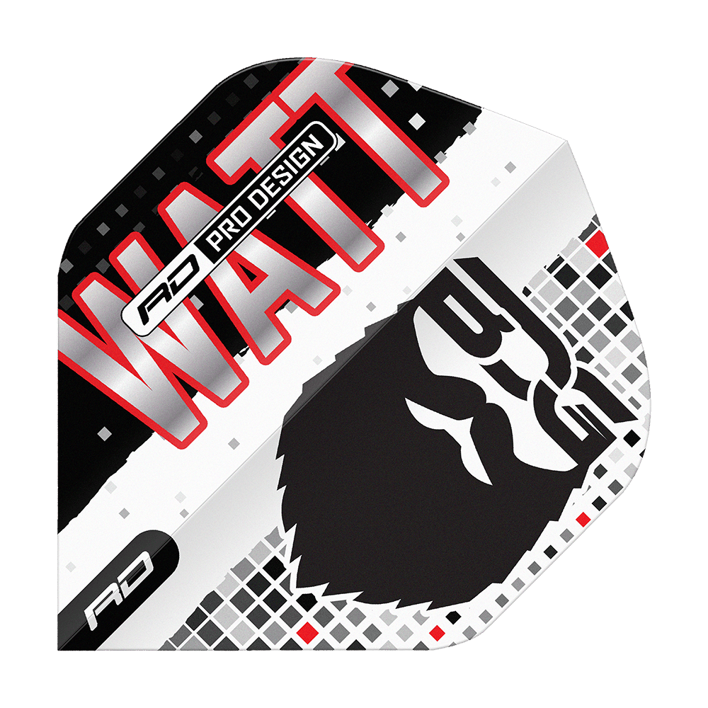 Red Dragon Hardcore Jason Watt BDG Premium No2 Voli Standard Das Bild zeigt das Produkt "Red Dragon Hardcore Jason Watt BDG Premium No2 Standard Flights". Auf dem Flight sind der Name "WATT", ein stilisiertes Gesicht und das Logo "RD" zu sehen.