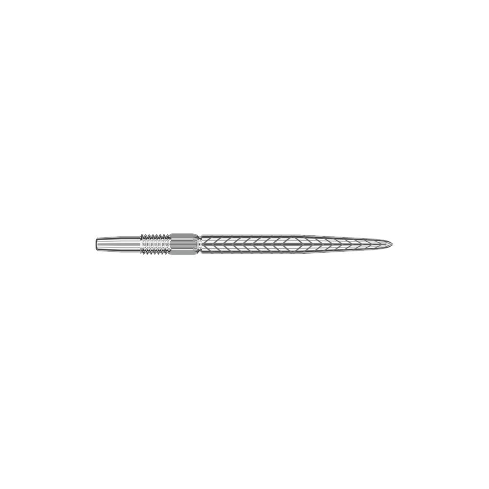Target Swiss Point RVE Dartspitzen - Silber Dies ist eine silberne Dartspitze mit einem feinen Rillenmuster. Sie ist lang und schmal, ideal für Präzisionswürfe.