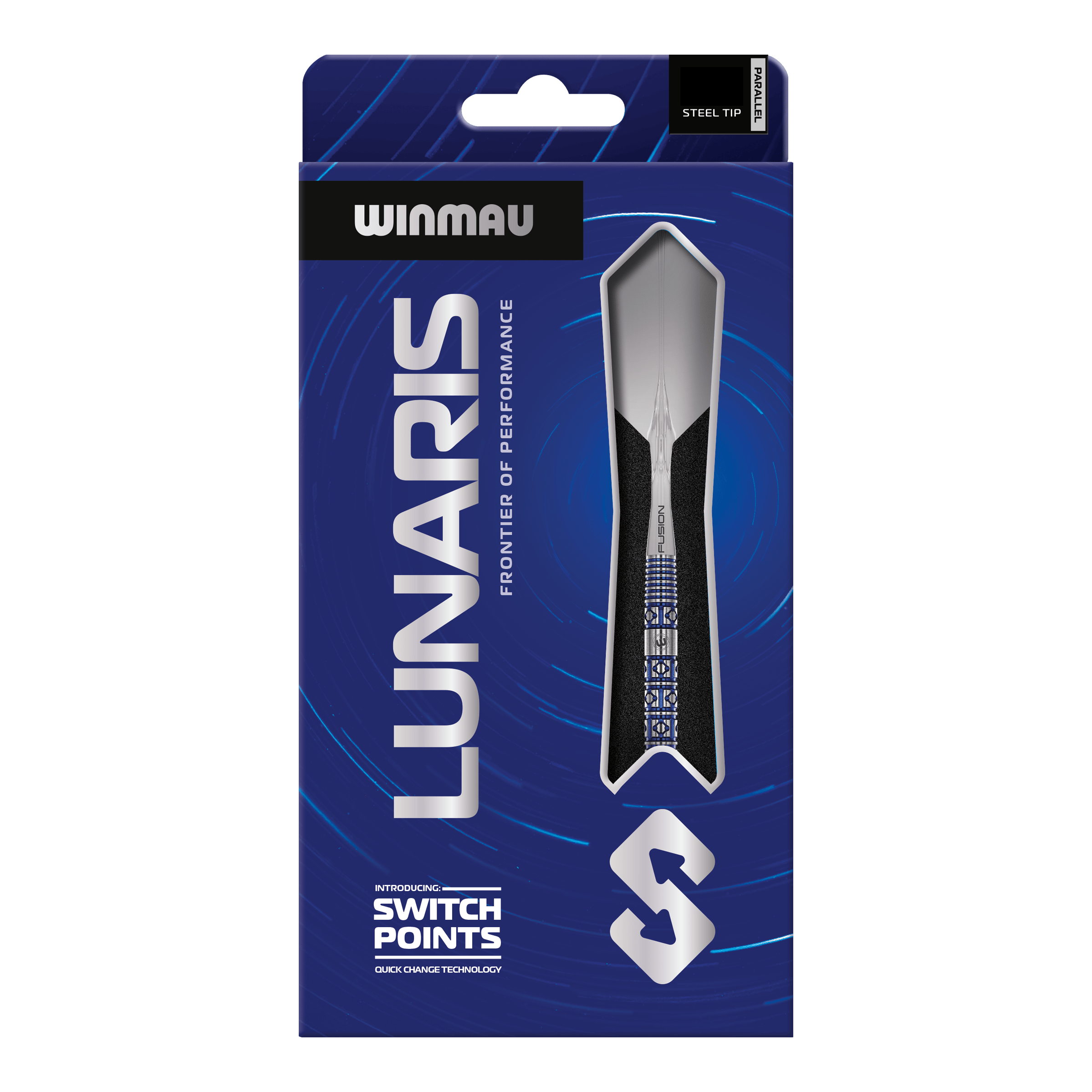 Das Bild zeigt die Winmau Lunaris Parallel Switch Point Steeldarts. Die Darts liegen nebeneinander und sind deutlich zu erkennen.